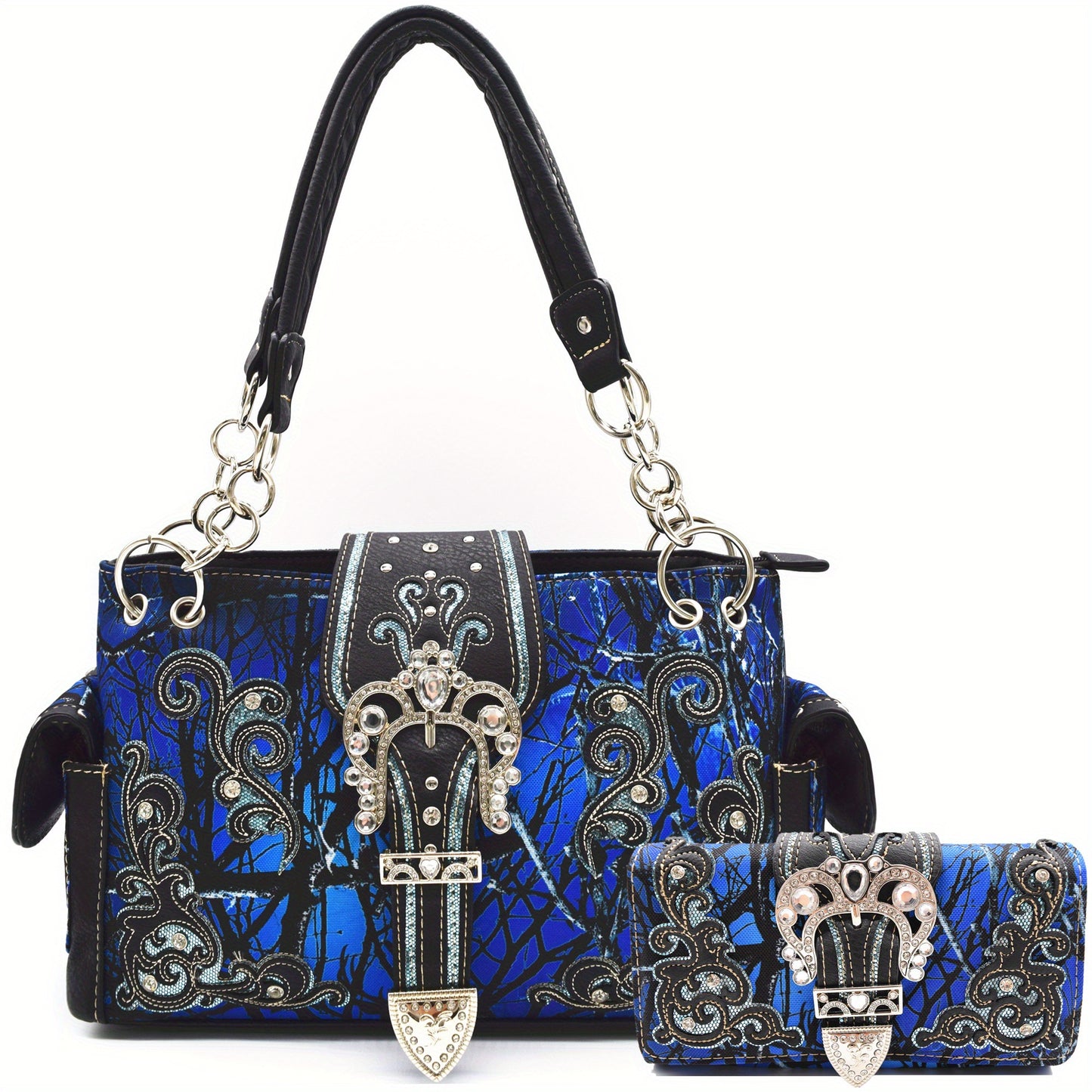 Camouflage Crown Buckle Western Style Purse Floral Shine Glow Country Handbag Women Shoulder Bag Crossbody Wallet Set