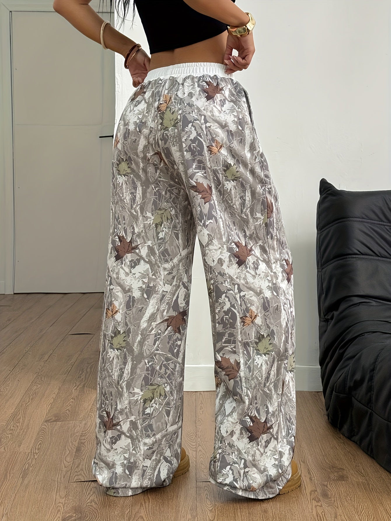 Women's Elegant Winter Pants - Brown/Beige/Tan Camouflage leaf & tree branch print with White Belt - Wide-Leg Trousers with Pockets - Machine Washable Formal & Everyday Pants for Fall/Winter - Brown/Beige/Tan Tones - Office,