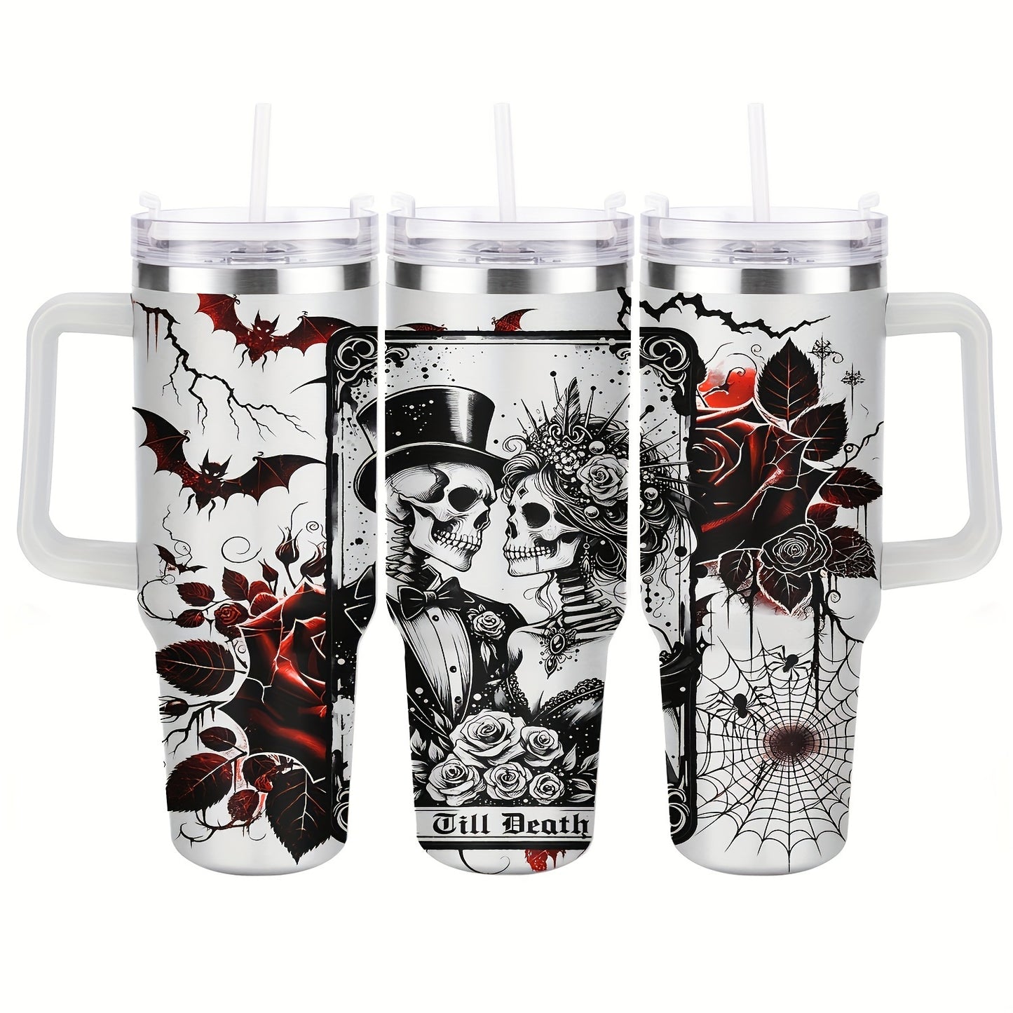 40oz Stainless Steel Tumbler with Lid - Halloween Skeleton Bride Design, Reusable & Hand-Wash Only, Perfect for Car Travel & Gifts