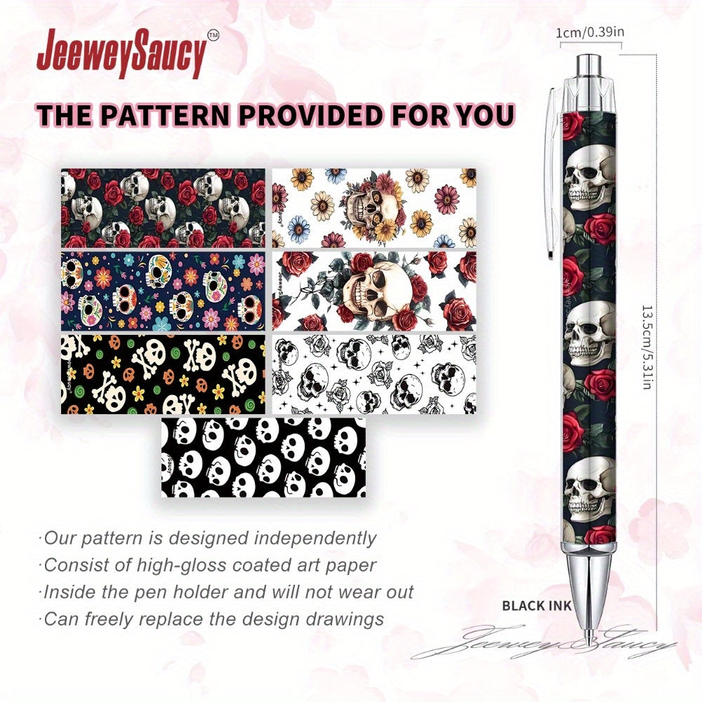 7pcs 7pcs Day of the Dead Skull Magnetic Gift Round Ballpoint Pen - Skull Flower Reading Black Ink Writing Pen, Suitable for Women Book Lovers Office Teachers Writing Supplies