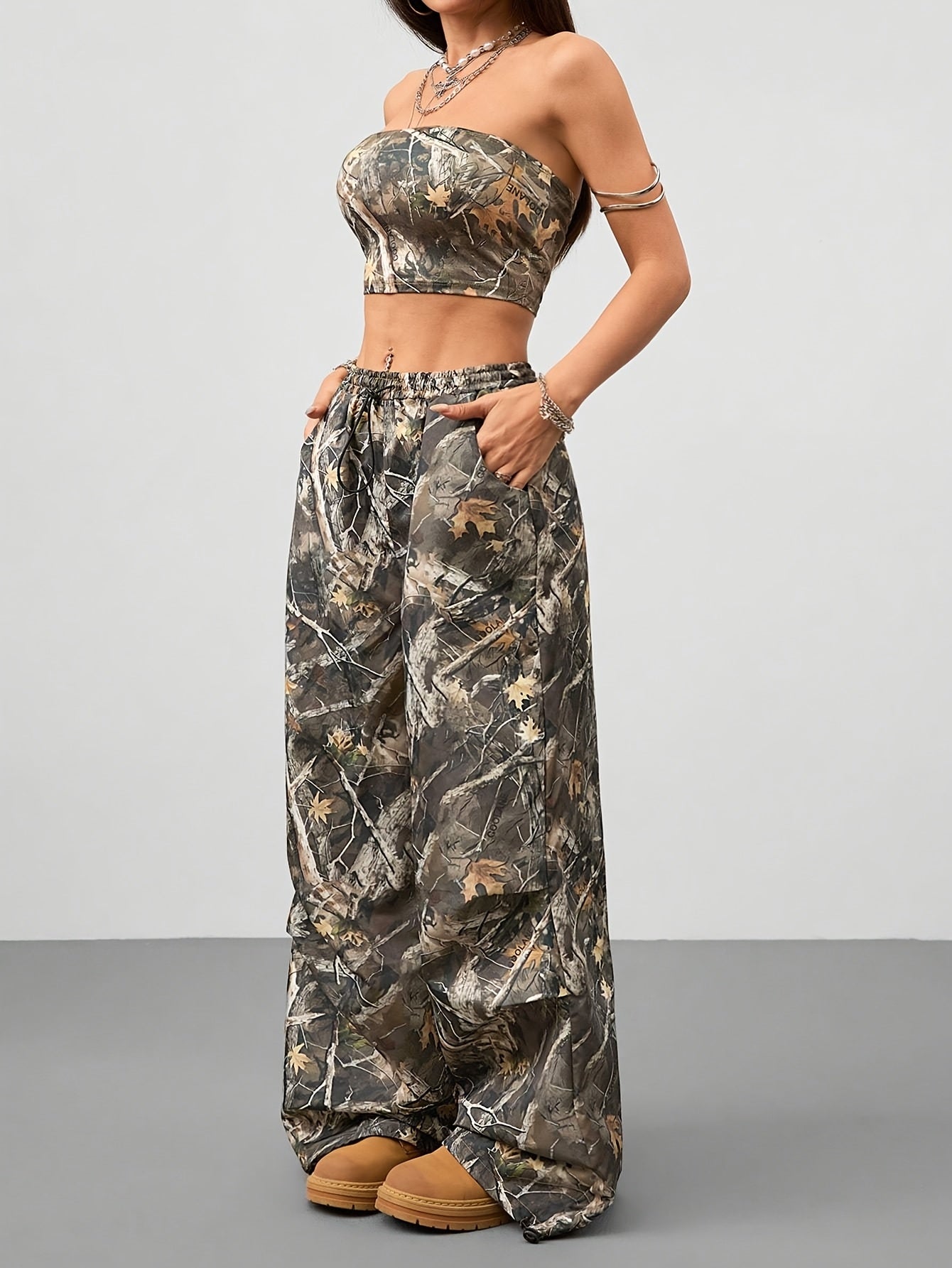 2pcs Women'S Camo Print Two-Piece Set - Sleeveless Crop Top & Wide-Leg Pants with Drawstring Waist, Brown & Black Leaf Pattern, Casual Spring/Summer Outfit, Outdoor Clothing | Relaxed Fit Pants | Drawstring Waistband
