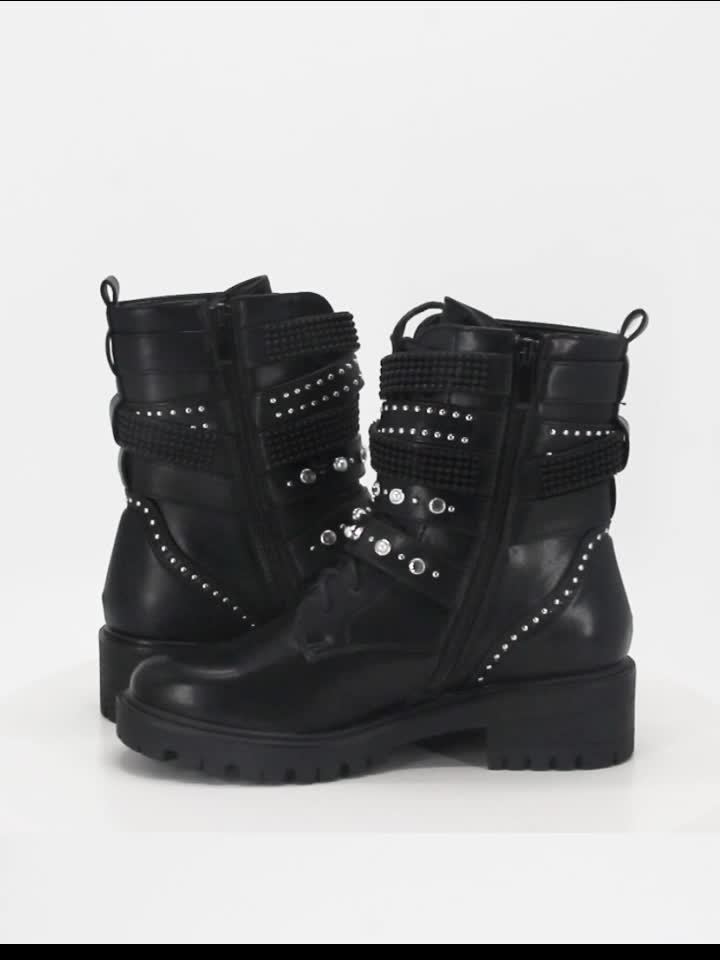 Women's Gothic Punk Motorcycle Boots - Lace-Up & Chain Zipper Closure, Thick Platform Sole with Metallic Studs, Chunky Mid-Heel, Faux Cover, All-Season Casual Ankle Boots (Black), Motorcycle Style Boots | Decorative Zipper Bo