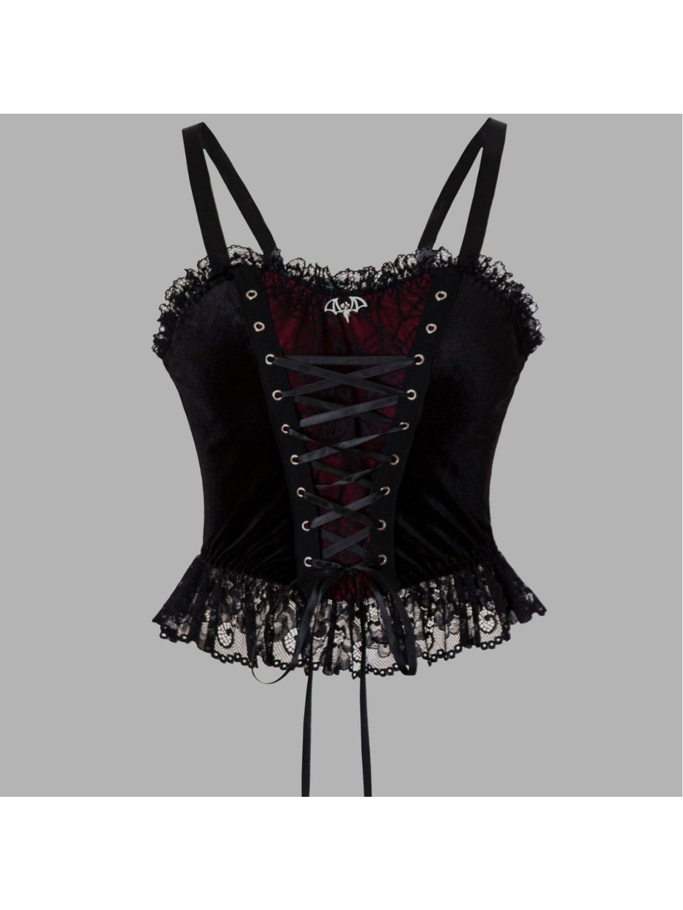 's Gothic Victorian Corset Top - Black Lace & Burgundy Ruffled Bustle with Adjustable Suspender Vest, Fitted Waist Cincher, Hand Washable Spice Style Costume for Themed Parties & Casual Attire