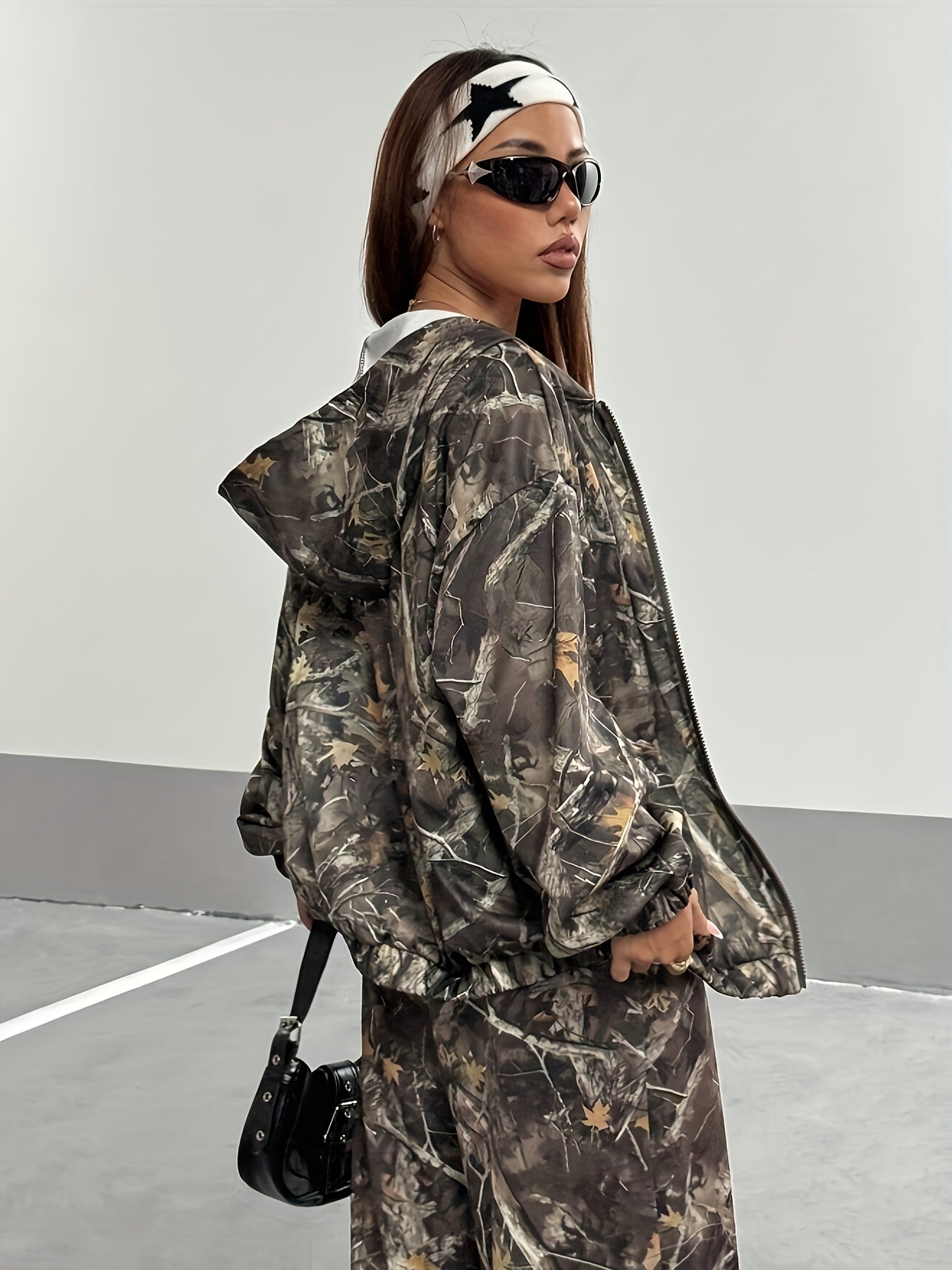 Y2K Women's Autumn-Winter Retro Leaf Print Hooded Loose Sweatshirt Two-Piece Set