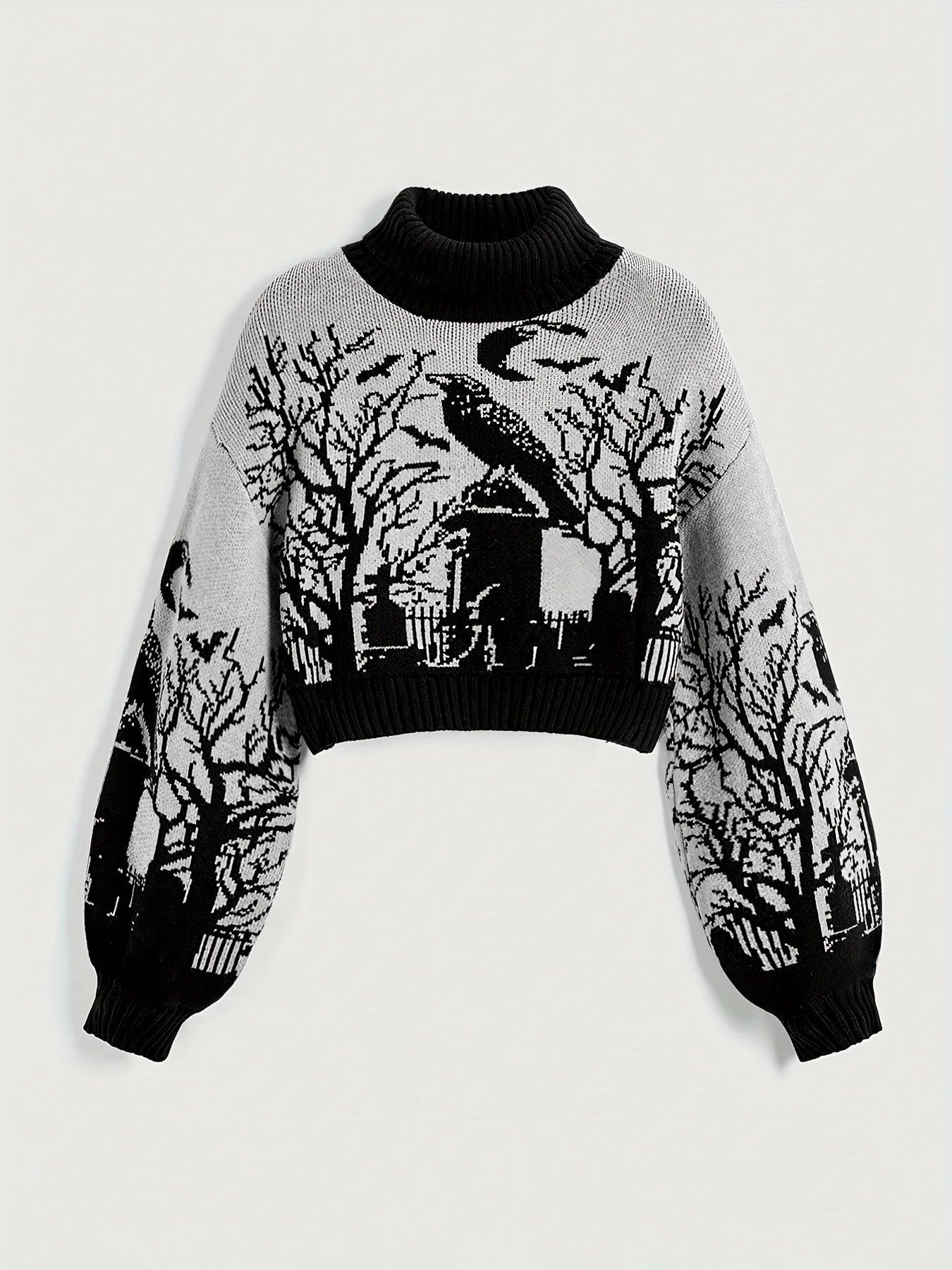 Women'S Gothic Dark Style Pullover Sweater - Black & White Contrast Color Block, Loose Fit Long Sleeve Top with Ribbed Cuffs, Warm Fall Winter Clothing for Everyday & Formal Outfits, Gothic Fashion, Autumn Winter Apparel, Moo