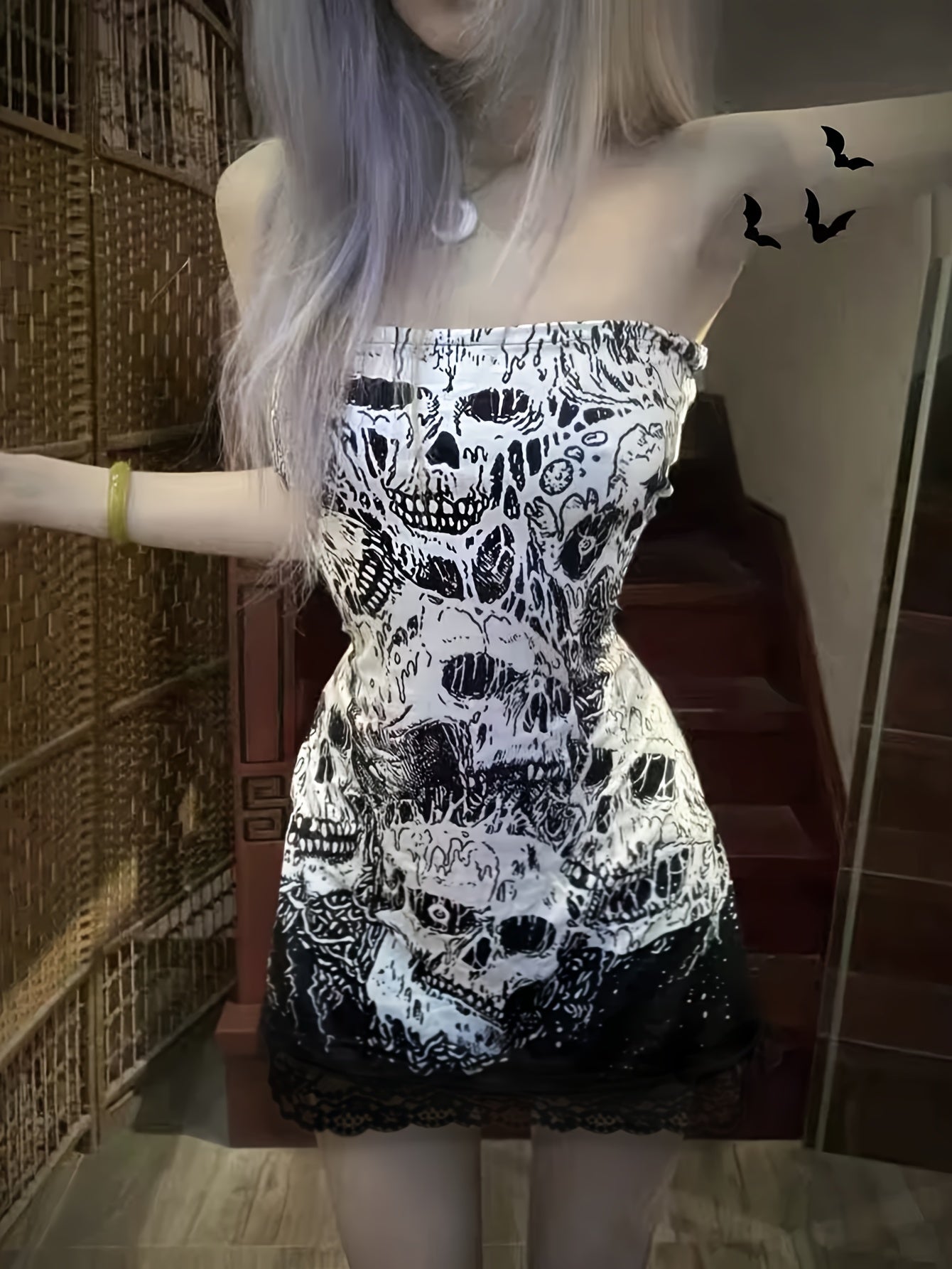 Women'S Gothic Rock Sexy Strapless Bodycon Mini Dress with Skull Print & Lace Trim - Halloween Party Outfit, Backless Design, Form-Fitting Stretchy Fabric, Edgy Gothic Style for Year-Round Wear, Wedding Guest Dresses Women
