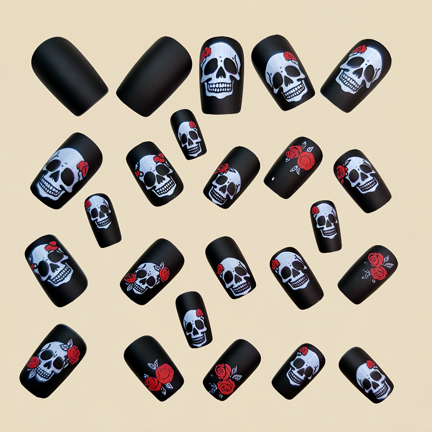 24pcs Gothic Black & & Rose Press-On Nails - Long Square Medium Length False Nails with Intricate White Skull & Red Rose Design, Matte Finish, Removable Full Set for Women, Halloween, Winter, Casual Attire, Themed Parties, Ea