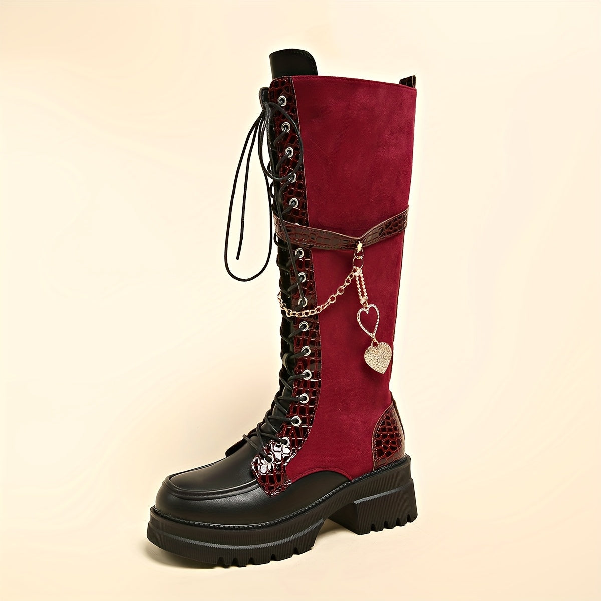 Women's Winter New Solid Color Patchwork Lace-Up Heart Metal Chain Side Zipper Chunky Heel Knee-High Boots, Fashionable Versatile Casual High-Heeled Ankle Boot