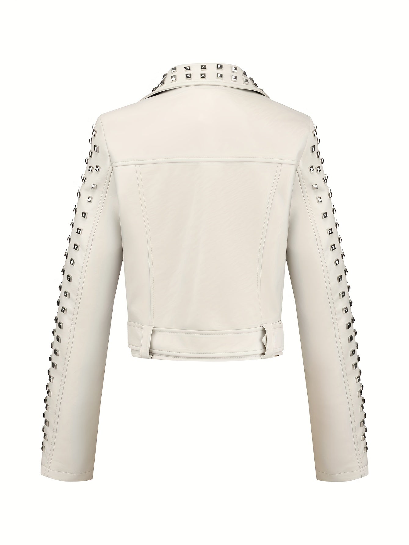 Women'S Simple Versatile Faux Leather Square Nail Style Motorcycle Jacket Coat with Belt, Faux Leather, Polyester 92.00%, Viscose 8.00%, Solid Color, Casual Biker Style, Woven, 60g/㎡ Lining Weight