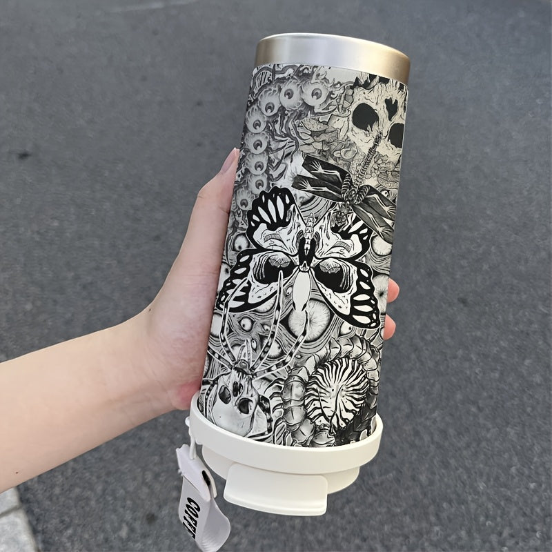 A 17.92oz Creepy Red Green Element Pattern Coffee Cup, Portable Dual Drink Thermos, Insulated/Cold Water Cup, Cool, Trendy, Cold/Hot Drink Cup, Suitable for Office, Travel, Sports/Outdoor Essentials, Basketball, Golf, Basebal