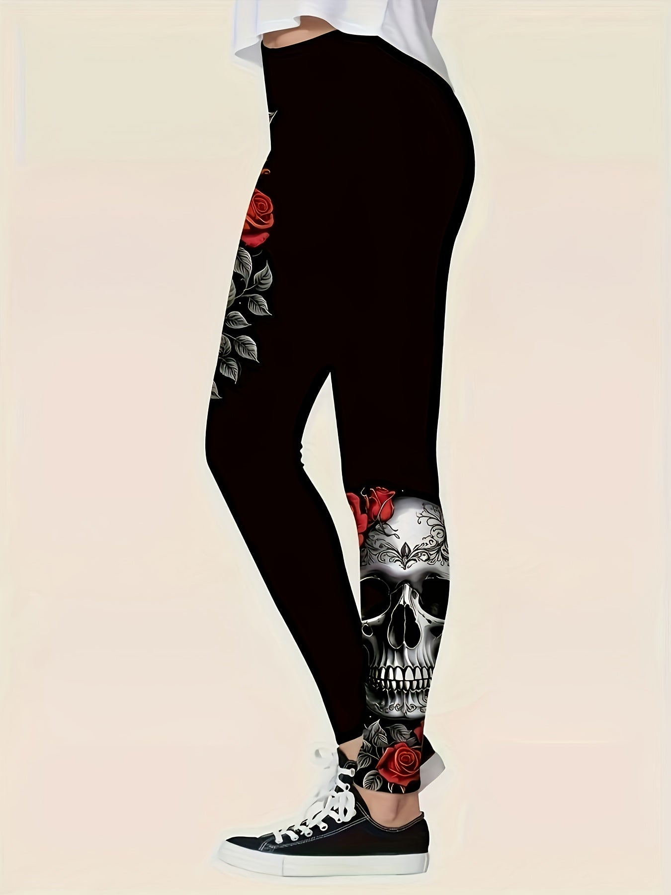 Women'S Halloween Leggings - Black with Red Roses, Stretchy Non-Slip Pants for Halloween Party Outfits, Costume Events & Casual Attire - All-Season Tight Fit Pants, Halloween Clothes, Festive Attire, Vintage Style, Durable Ma