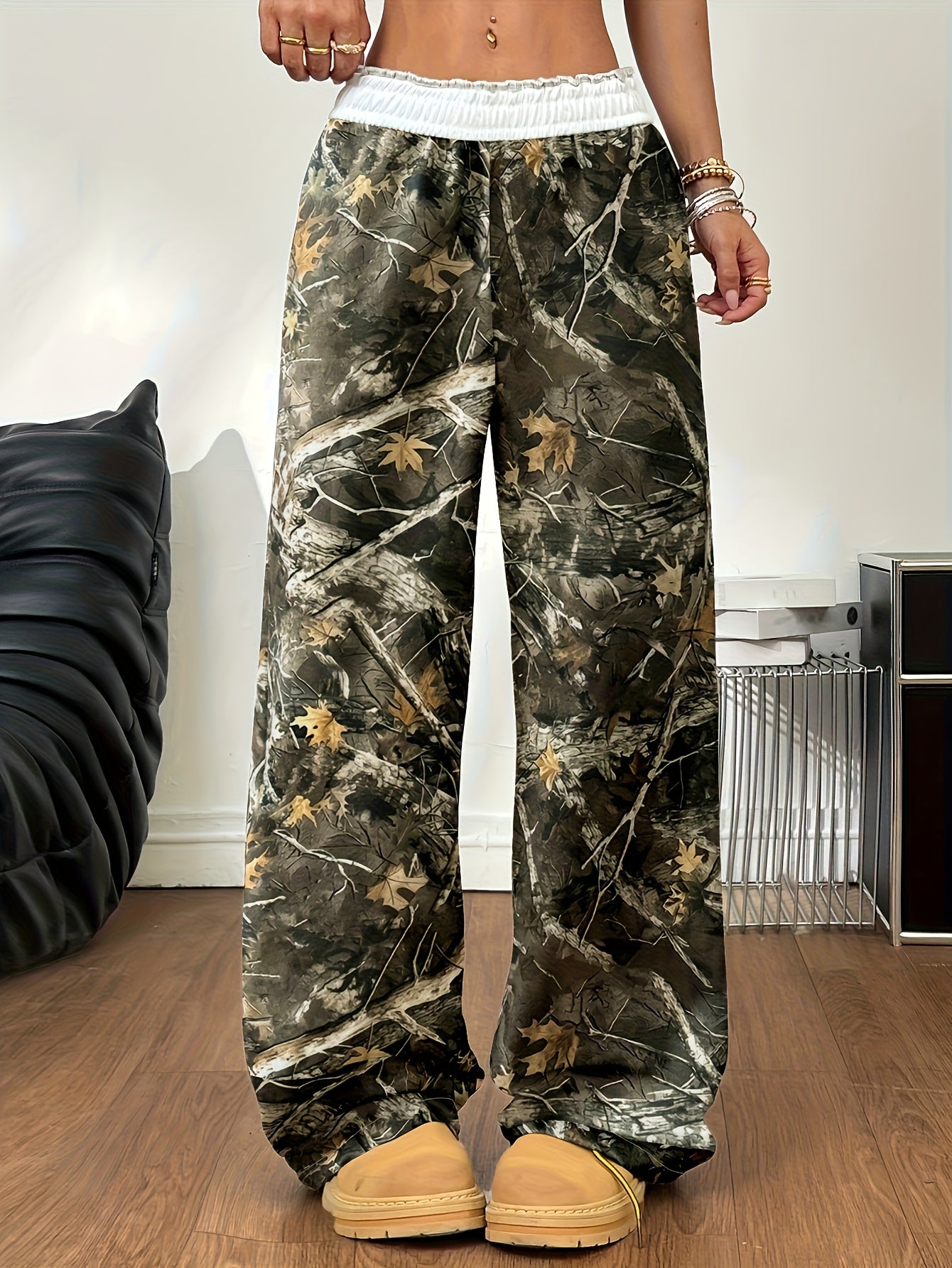Women's Elegant Winter Pants - Brown/Beige/Tan Camouflage leaf & tree branch print with White Belt - Wide-Leg Trousers with Pockets - Machine Washable Formal & Everyday Pants for Fall/Winter - Brown/Beige/Tan Tones - Office,