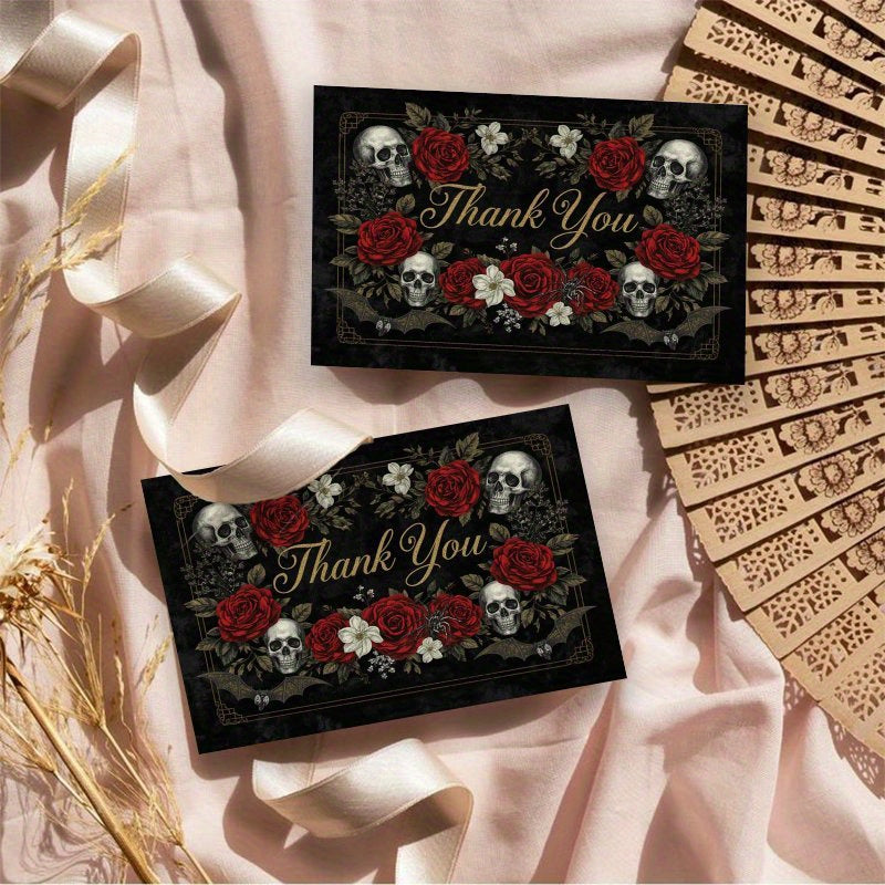 100pcs Gothic Skull Rose Thank You Cards - Elegant Black & Red Floral Design with "Thank You" Message, Perfect for Halloween, Business, and Thank You Notes - Ideal for Adults and Teens, Halloween Decorations