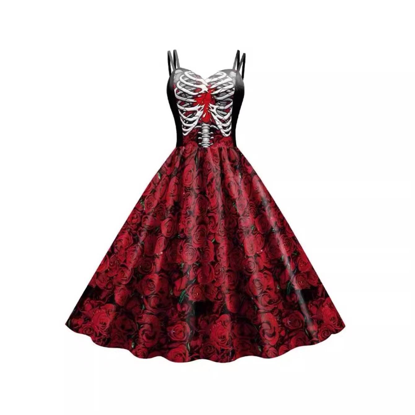 Women'S Gothic Victorian-Inspired Black & White Floral Print Suspender Dress Costume - Sleeveless A-Line Mid-Length with Ruffled Hem & V-Neck, Structured H-Line Silhouette for Halloween Carnival Party, Themed Events - Breatha
