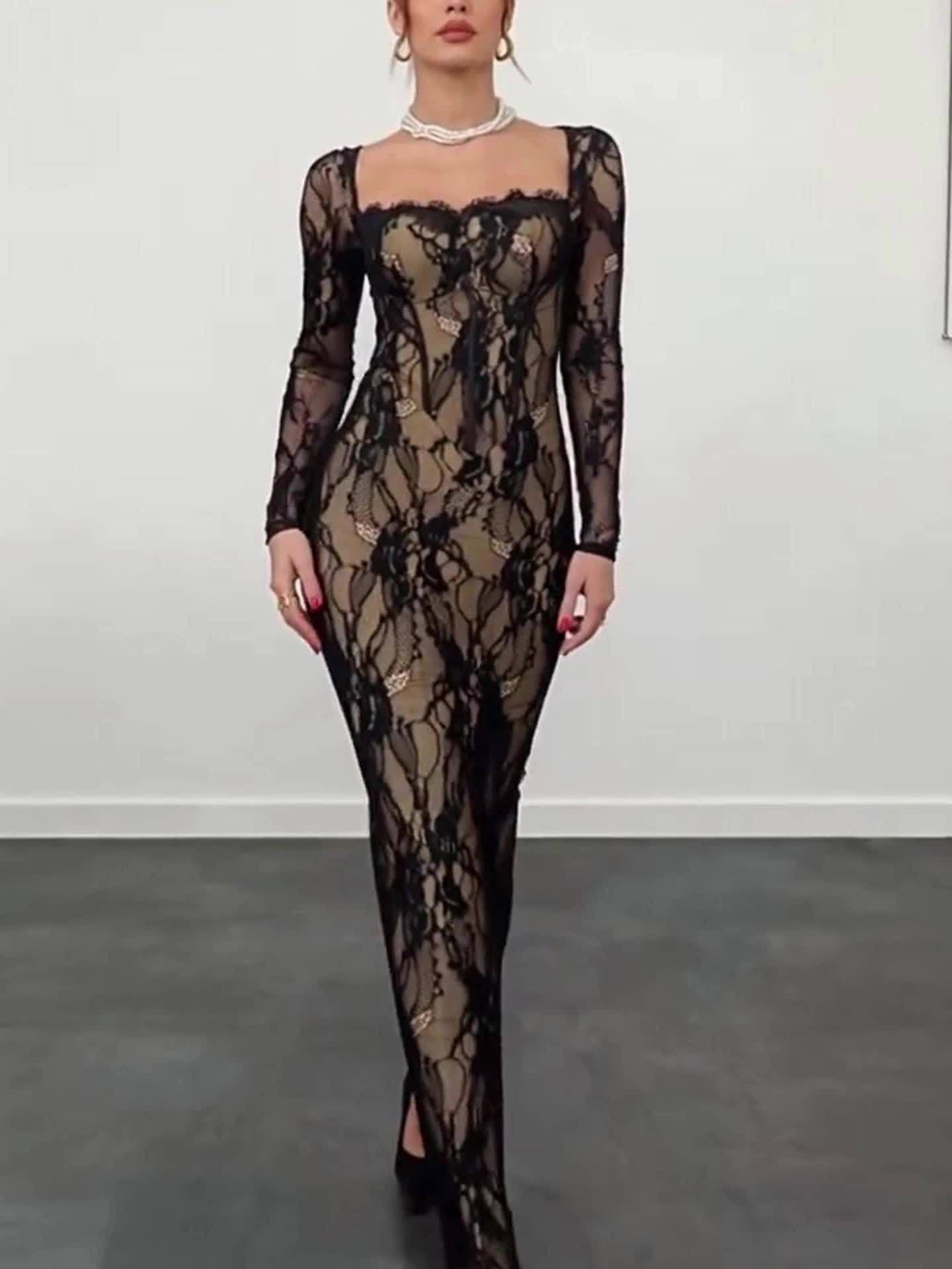 Autumn New Arrival: Elegant and Sensual Women's Evening Gown Halloween & Christmas Party Lace Design Fitted Bodycon Long Sleeve Maxi Dress