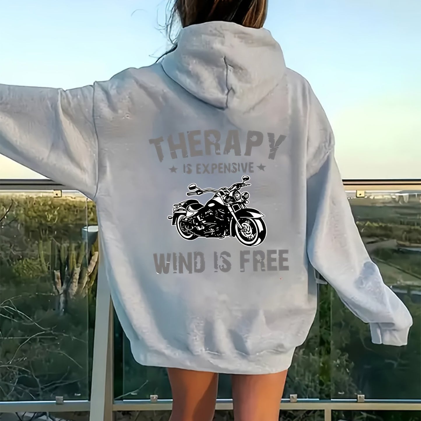 Women's Motorcycle-Themed Biker Jacket - Full-Zip Hooded -like Polyester Coat with Motorcycle Rider & " is Expensive, Wind is Free" Slogan, All-Season Casual Outerwear for Motorcycle Riding, Travel & Casual Attire - Machine W