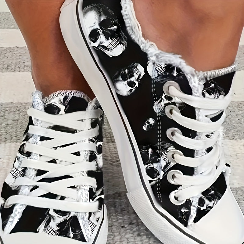 Women'S Halloween Skull Print Shoes, Casual Lace Up Outdoor Shoes, Lightweight Low Top Sneakers Plus Size