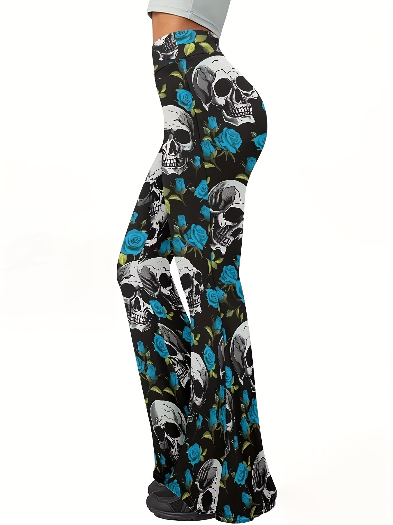 Women'S Gothic Punk Rock Pants - High-Waisted Flared Leggings with Skull & Floral Print, Stretchy Non-Slip Trousers for Concerts, Parties, Everyday - Edgy Gothic Outfit Essentials (All-Season Fit), Goth Leggings, Party Attire