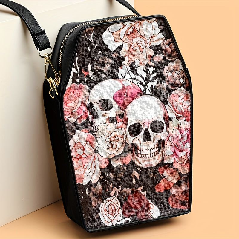 MINI Halloween Skeleton Coffin Women's Crossbody Bag, Thriller Horror Square Purse Black Punk Style Shoulder Handbag for Spooky Party Evening Event Cell Phone Pouch Lipstick Makeup Cosmetic Daily Street Shopping Movie Fan Gif