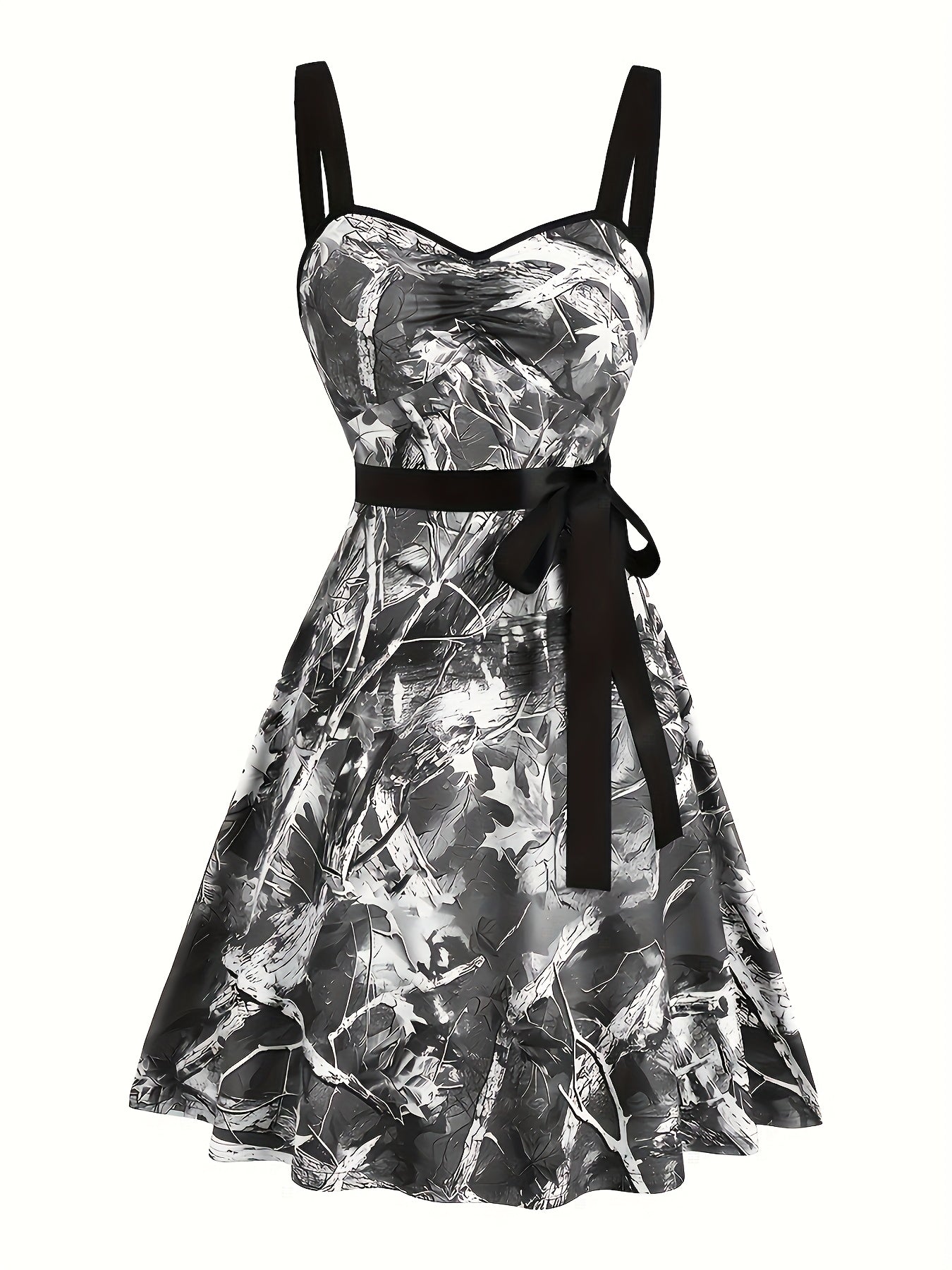 Women's Casual Sleeveless Off-Shoulder Mini Dress with Leaf & Branch Camo Print, Adjustable Waist Tie Belt, Ruched Bust Detail - Machine Washable Stretchy for Spring Summer Fall