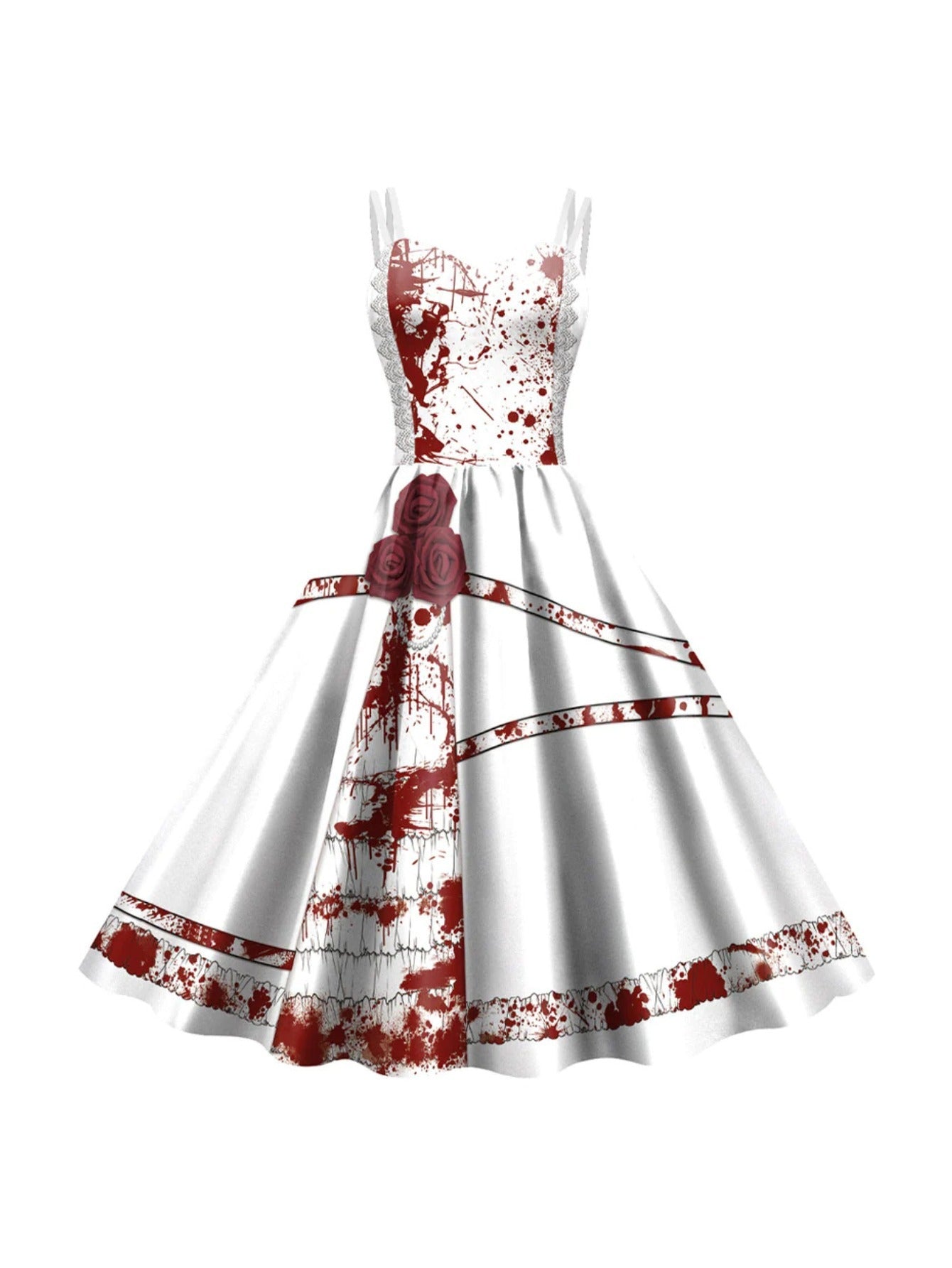 Women'S Gothic Victorian-Inspired Black & White Floral Print Suspender Dress Costume - Sleeveless A-Line Mid-Length with Ruffled Hem & V-Neck, Structured H-Line Silhouette for Halloween Carnival Party, Themed Events - Breatha