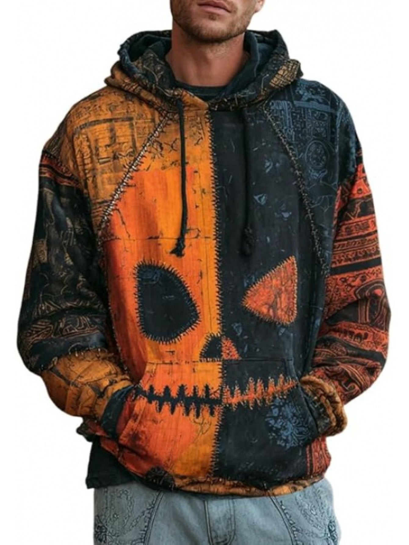Men'S Gothic Halloween Sweatshirt - Skeleton Print Drop Shoulder Pullover with Hooded Collar, Loose Fit Long Sleeve Streetwear Jacket for Costume Parties, Halloween Clothes, Party Attire, Edgy Fashion, Durable Fabric, Streetw