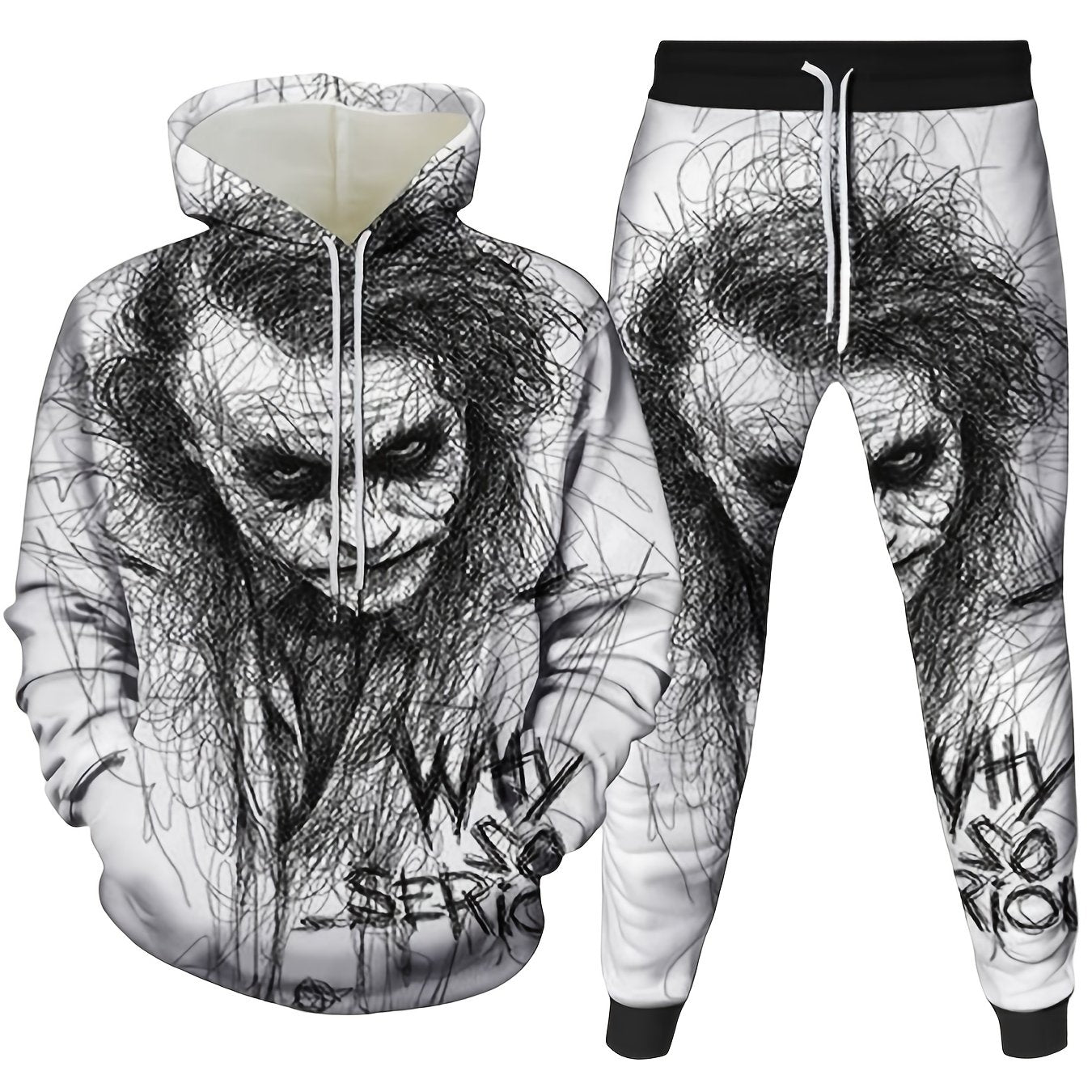 2pcs Set Men'S Halloween Costume Set - Full-Body Character Print Hooded Sweatsuit with Matching Pants, Edgy Gothic Style Long Sleeve Outfit for Parties, Regular Fit Two-Piece Ensemble for Men (Youth & Adult), Men' Tracksuit S