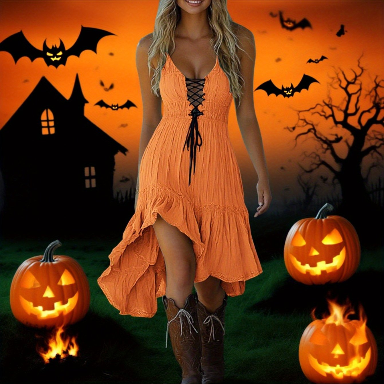 MSGWEEEG Women'S Halloween Dress - Vintage Cowgirl Midi Dress, Mustard Yellow party Outfit, Sleeveless Ruffled Hem, Easy-to-Wear Halloween Costume for Women, Halloween Party Attire, Festive Attire, Western Style, Comfortable