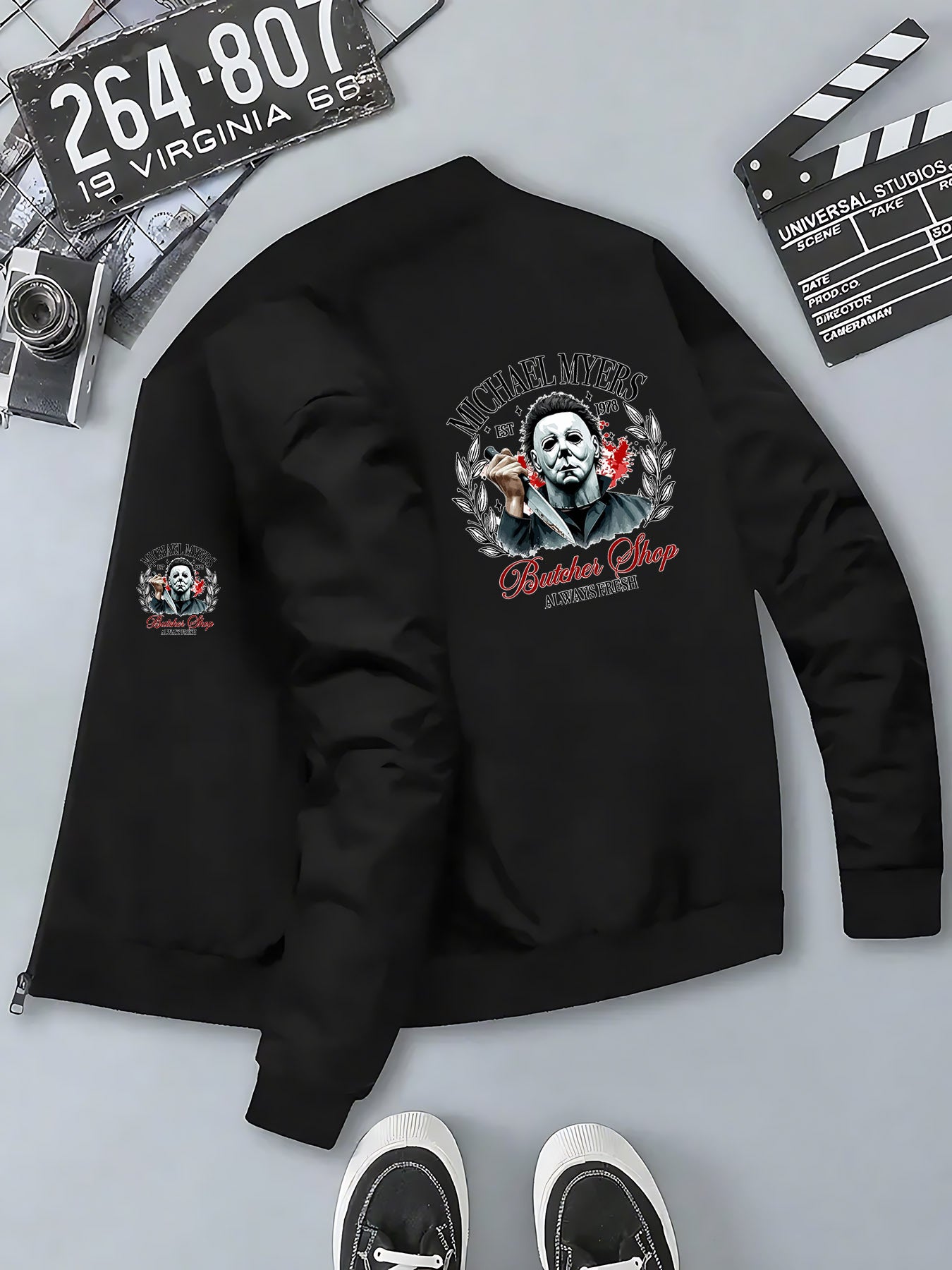 Men's Michael Myers Halloween Horror Graphic Bomber Jacket - Slim-Fit Zipper Closure, Stand Collar & Butcher Shop Print - Casual Winter Coat for Themed Events & Casual Attire (Machine Washable), Streetwear Fashion, Trendy Out