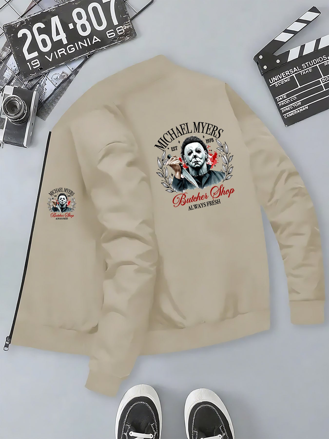 Men's Michael Myers Halloween Horror Graphic Bomber Jacket - Slim-Fit Zipper Closure, Stand Collar & Butcher Shop Print - Casual Winter Coat for Themed Events & Casual Attire (Machine Washable), Streetwear Fashion, Trendy Out