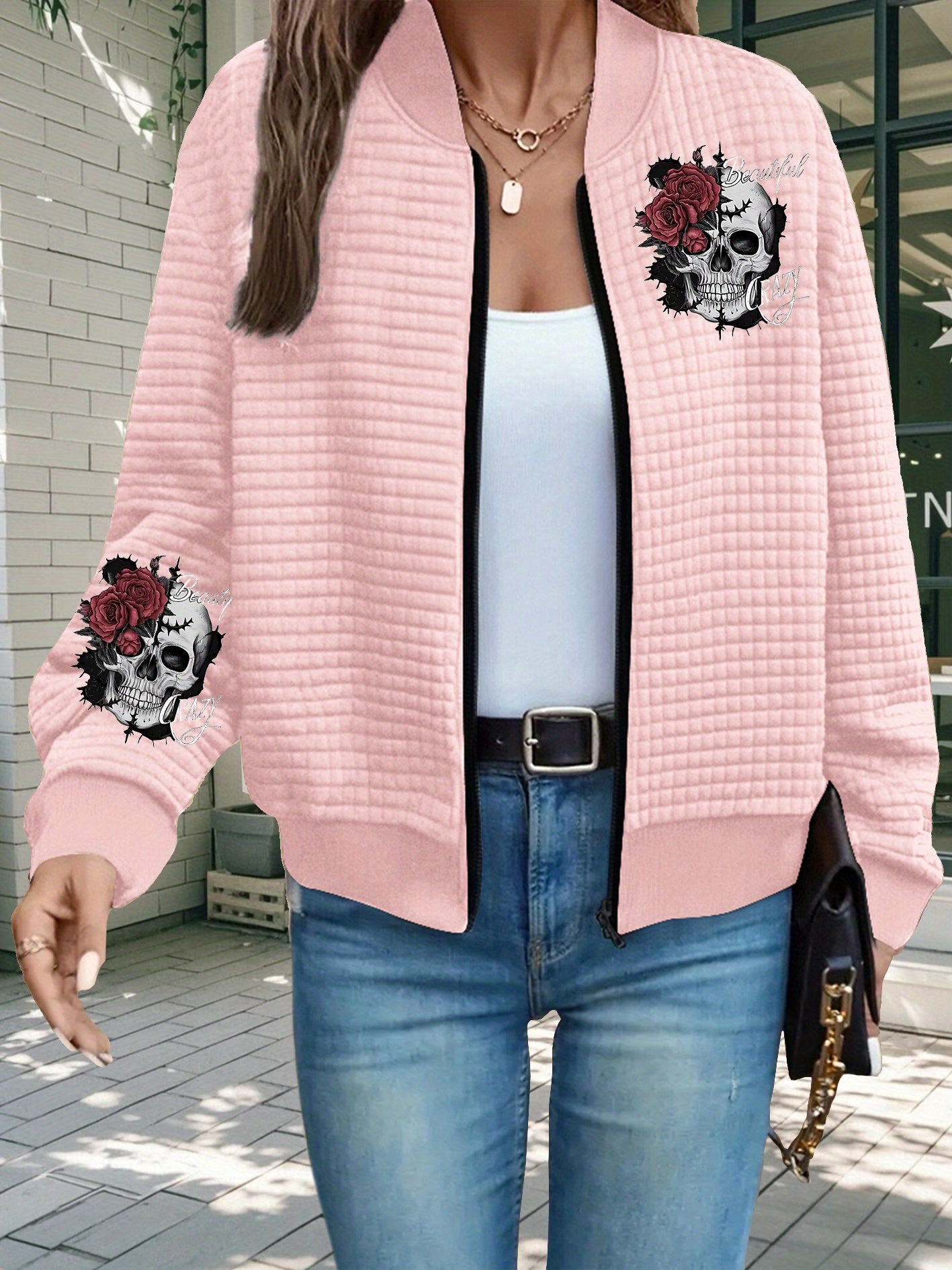 Women'S Gothic Chic Jacket - Black with Rose Skull Print, Baseball Collar Zip-Up Coat, Machine Washable Polyester Jacket for Everyday & Halloween Outfits - Edgy Outerwear, Halloween Clothes, Allseason Wear, Waffle Texture, Du
