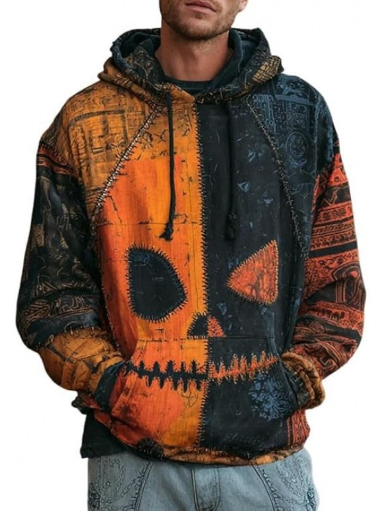 Men'S Gothic Halloween Sweatshirt - Skeleton Print Drop Shoulder Pullover with Hooded Collar, Loose Fit Long Sleeve Streetwear Jacket for Costume Parties, Halloween Clothes, Party Attire, Edgy Fashion, Durable Fabric, Streetw