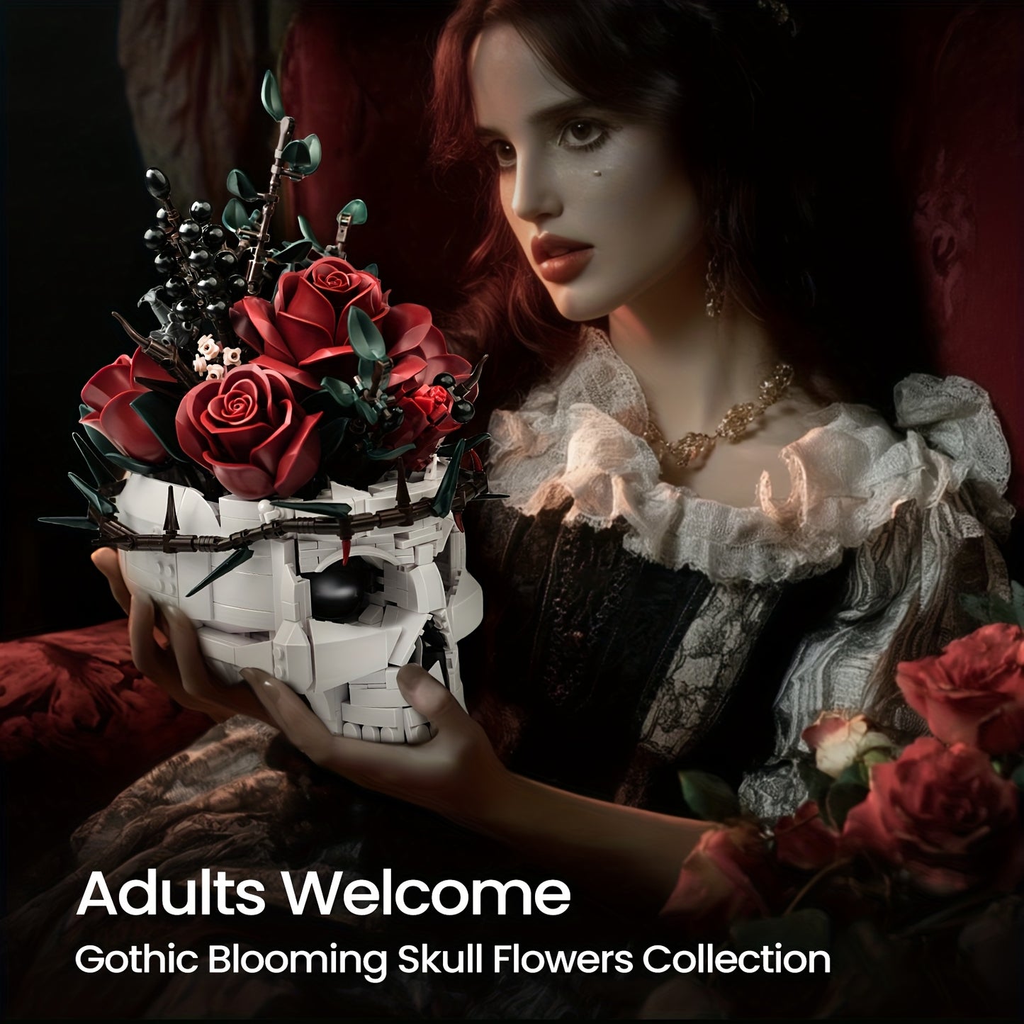 1101pcs Gothic Building Blocks Set - Large-Scale Skull & Rose Flower Model with Intricate Dark Art Design, Interlocking Bricks for Adults, Challenging Assembly, Collectible Display, Gothic Home Decor, Halloween Party Decorati
