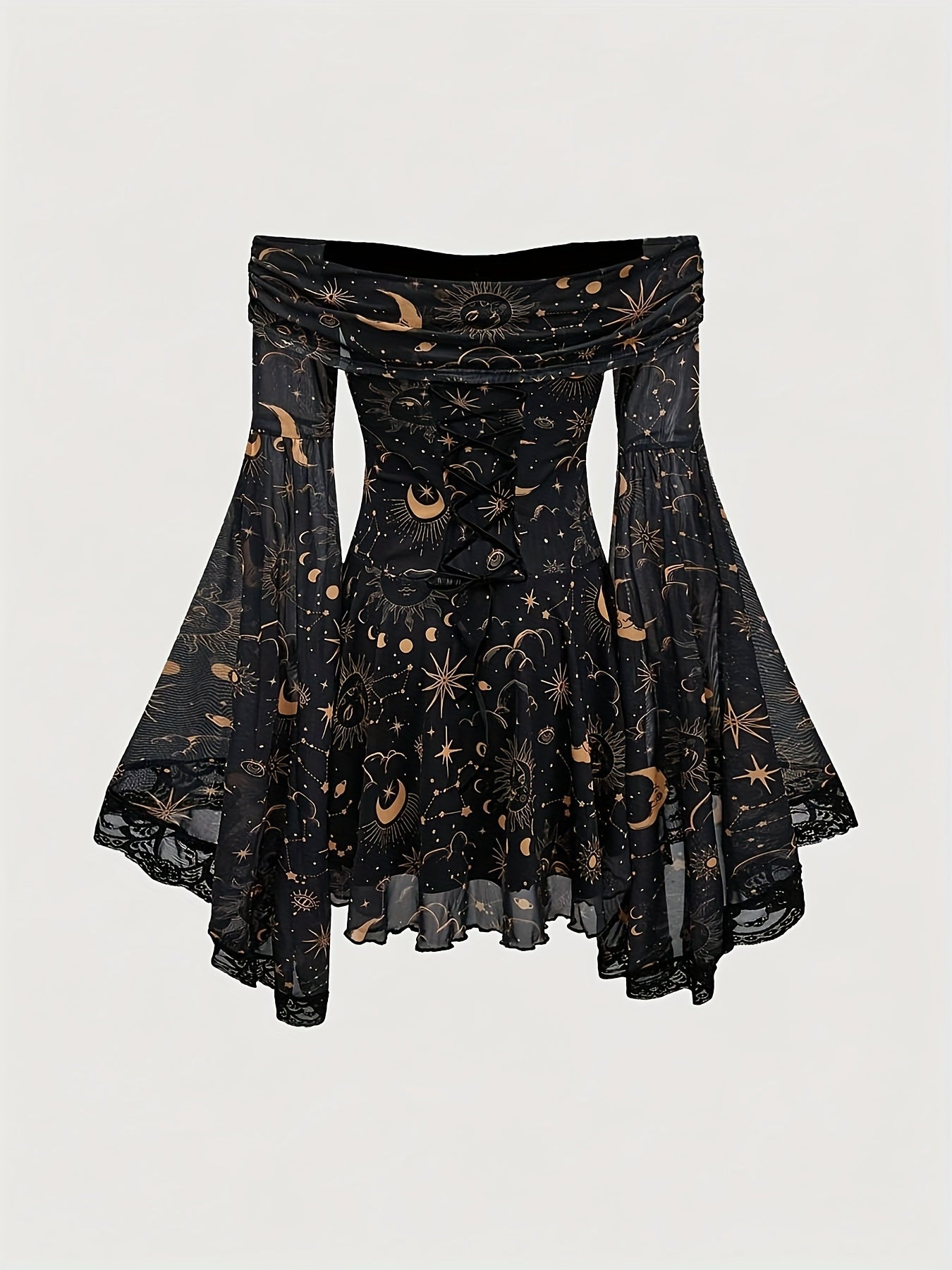 Plus Size Women's Elegant Off-Shoulder Dress with Sheer Lace Sleeves & Starry Night Print - A-Line Mid-Length Summer Dress, Machine Washable, Formal Evening Wear, Semitransparent Material, Stretchy Fabric Gown