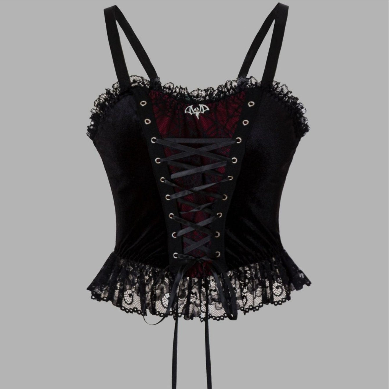 's Gothic Victorian Corset Top - Black Lace & Burgundy Ruffled Bustle with Adjustable Suspender Vest, Fitted Waist Cincher, Hand Washable Spice Style Costume for Themed Parties & Casual Attire