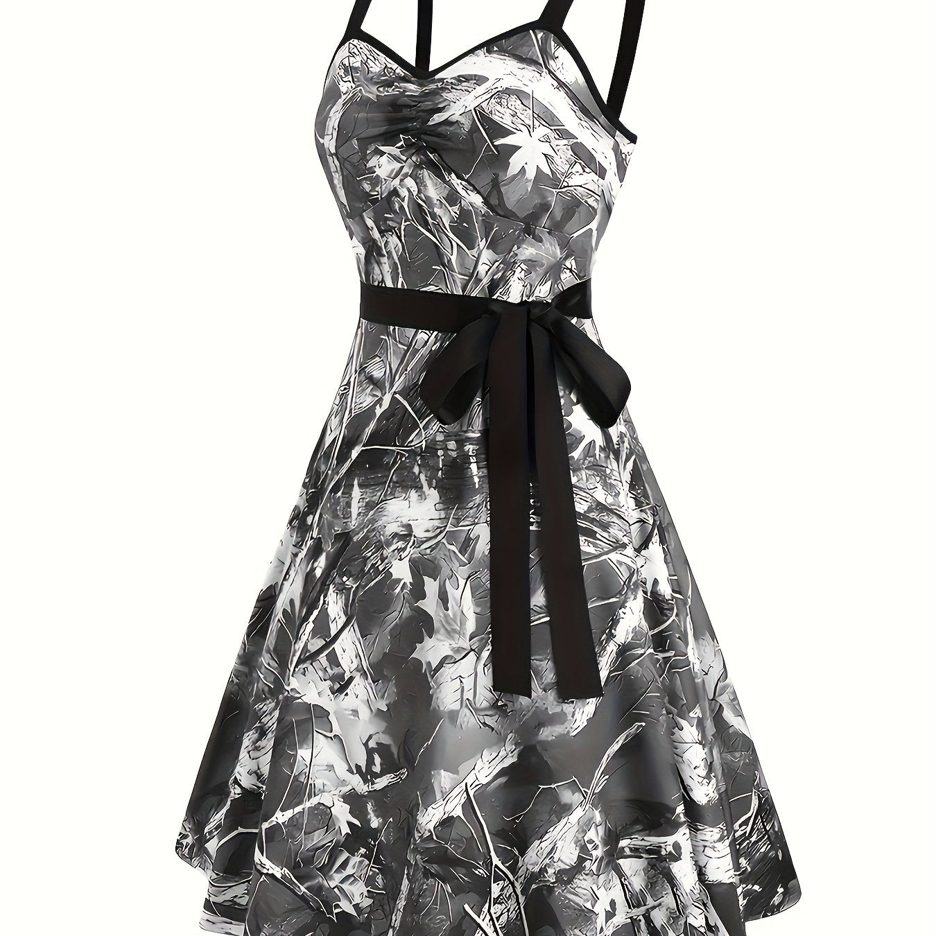 Women's Casual Sleeveless Off-Shoulder Mini Dress with Leaf & Branch Camo Print, Adjustable Waist Tie Belt, Ruched Bust Detail - Machine Washable Stretchy for Spring Summer Fall