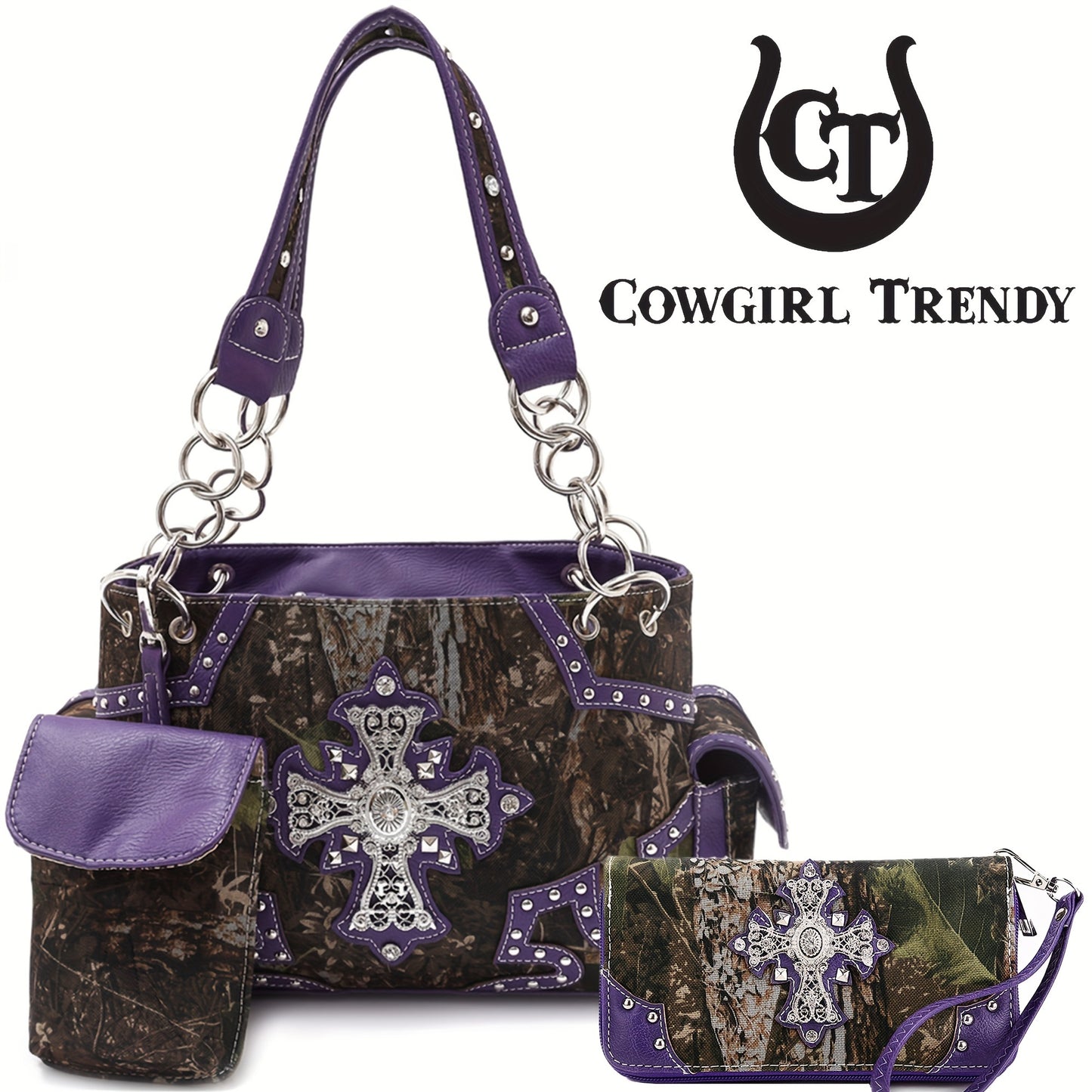 Women'S Western Cowboy Purse and Wallet Set - Synthetic Faux Leather Handbag with Zipper Closure, Structured Shoulder Bag & Wallet Combo in Light Blue, Brown, Purple, Black - for Everyday, Formal, Western Events - Easy-to-Cle