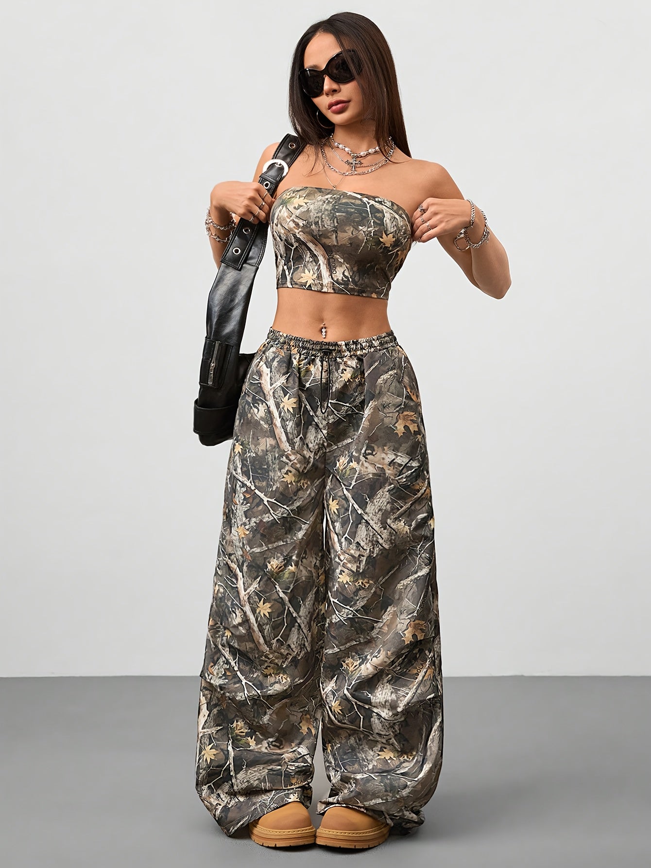 2pcs Women'S Camo Print Two-Piece Set - Sleeveless Crop Top & Wide-Leg Pants with Drawstring Waist, Brown & Black Leaf Pattern, Casual Spring/Summer Outfit, Outdoor Clothing | Relaxed Fit Pants | Drawstring Waistband