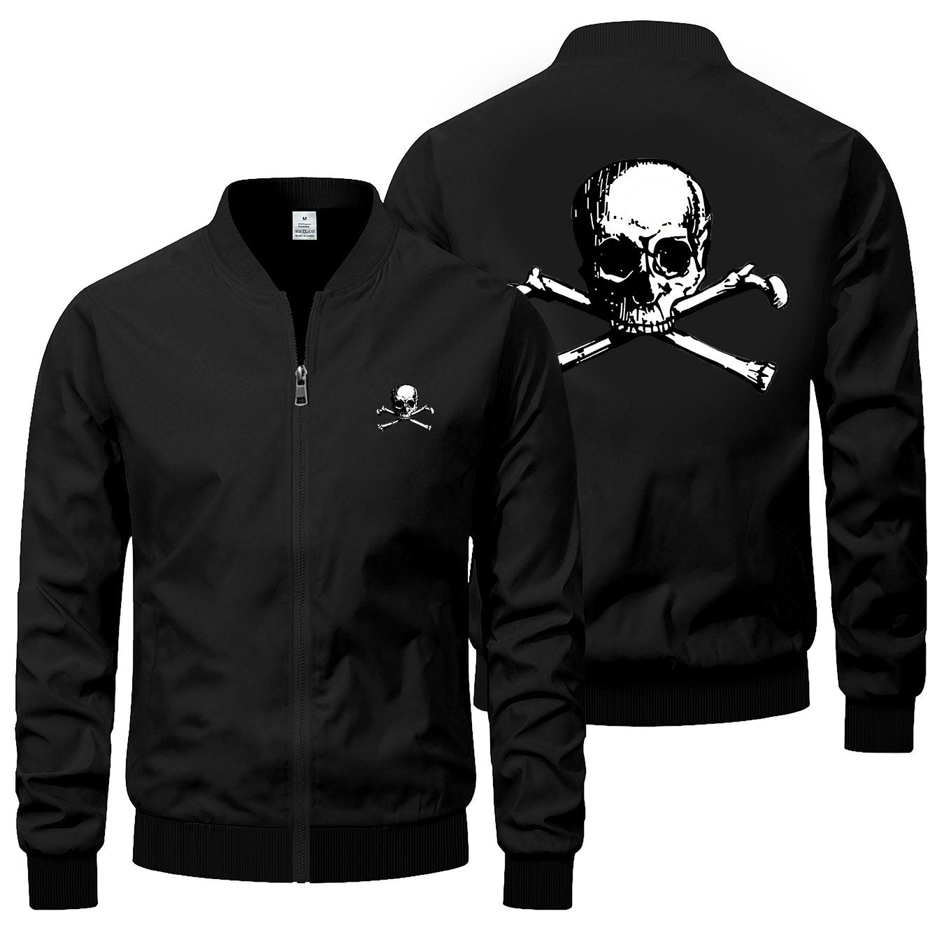 Men'S Trendy Skull & Crossbones Bomber Jacket - Slim Fit, Zip-Up Casual Fall/Winter Coat with Stand Collar & Pockets, Black, Casual Outerwear | Edgy Print Jacket | Zippered Jacke