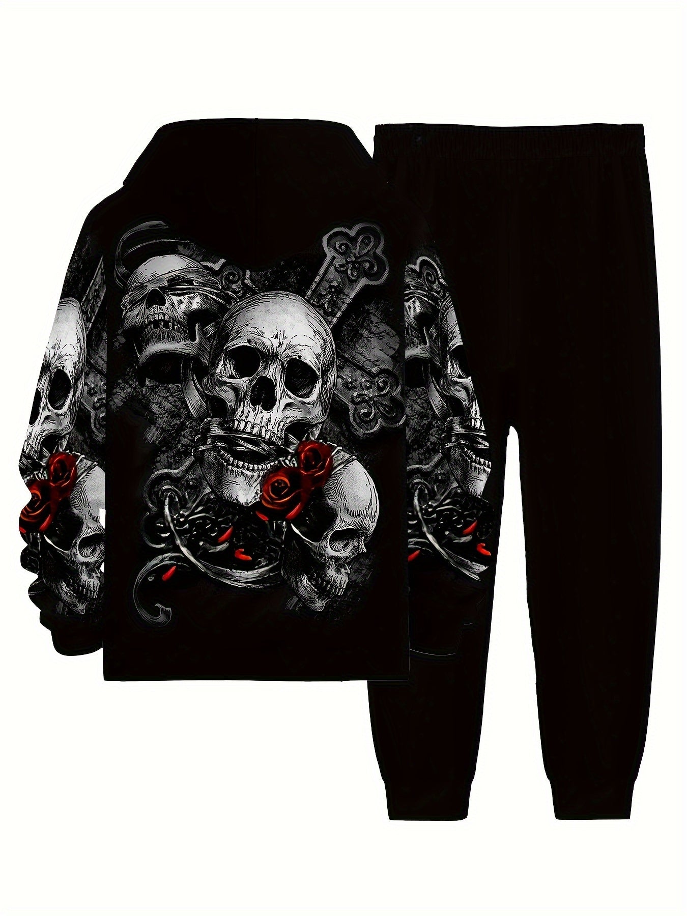 Men'S Gothic 3D Skull & Rose Print Hooded Sweatsuit - Full-Zip & Matching Joggers Set, Stretch Polyester Tracksuit with Pockets, Regular Fit Casual Outdoor Hiking & Casual Attire, Spring/Fall Themed Outfit (Skull & Rose Desig