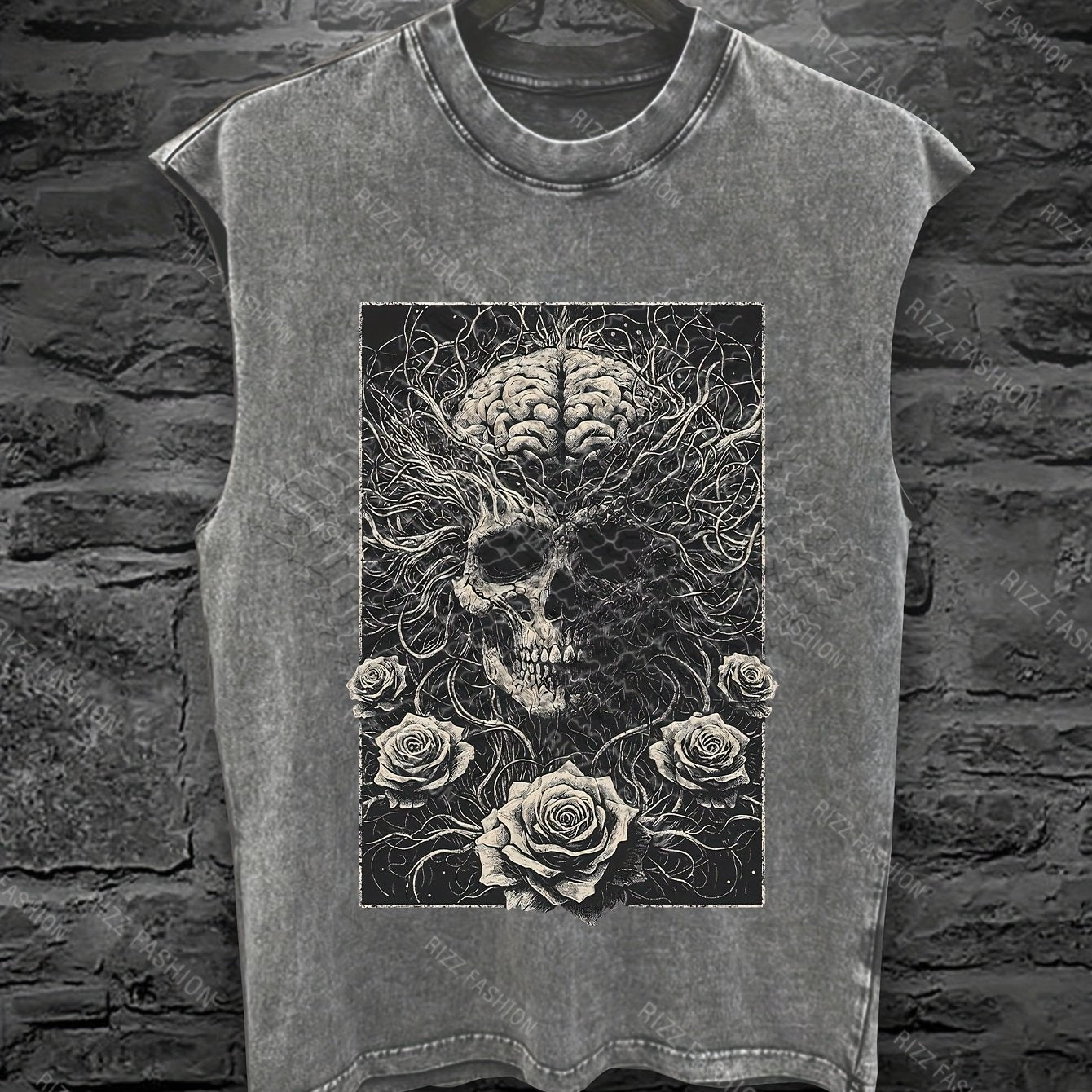 Men'S Gothic Sleeveless Vest - Dark Skeleton & Rose Print Streetwear Punk Style Loose Fit Washed Top | Edgy Skull & Rose Design with Intricate Bone & Bat Wing Patterns | Summer Outdoor Casual Wear, Concerts, Gothic Outfits |