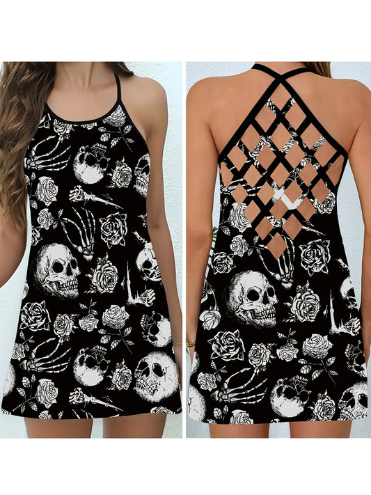 Halloween Eye-Catching Must-Have: Hot European and American Style Rose Skull Backless Spaghetti Suspender Dress, High Waist for Holidays, Date Nights, Weddings & Beach Vacation Sexy Hollow Print