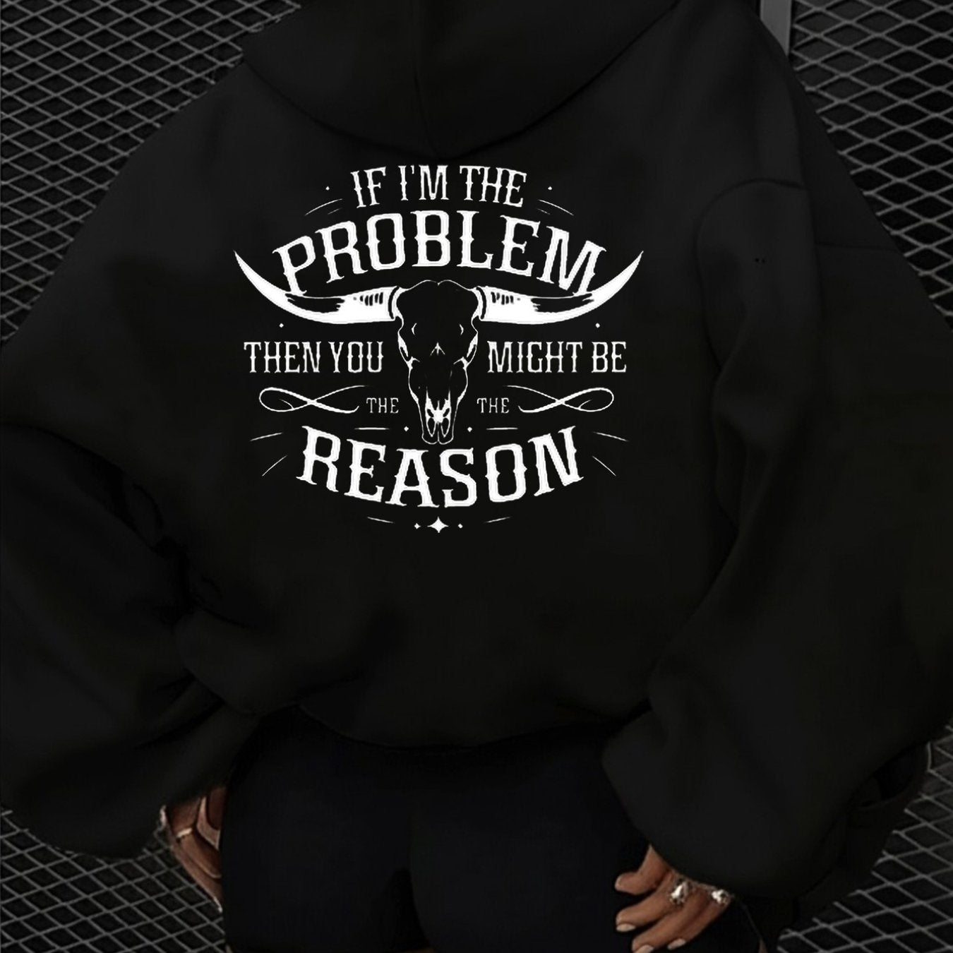 Women'S Black Hoodie with White Bull Skull & "If I'm the Problem, You Might Be the Reason" Graphic Print - Western Style Casual Pullover Sweatshirt for Fall Winter, Cozy Round Neck Hooded Sweatshirt, Trendy Streetwear & Gift