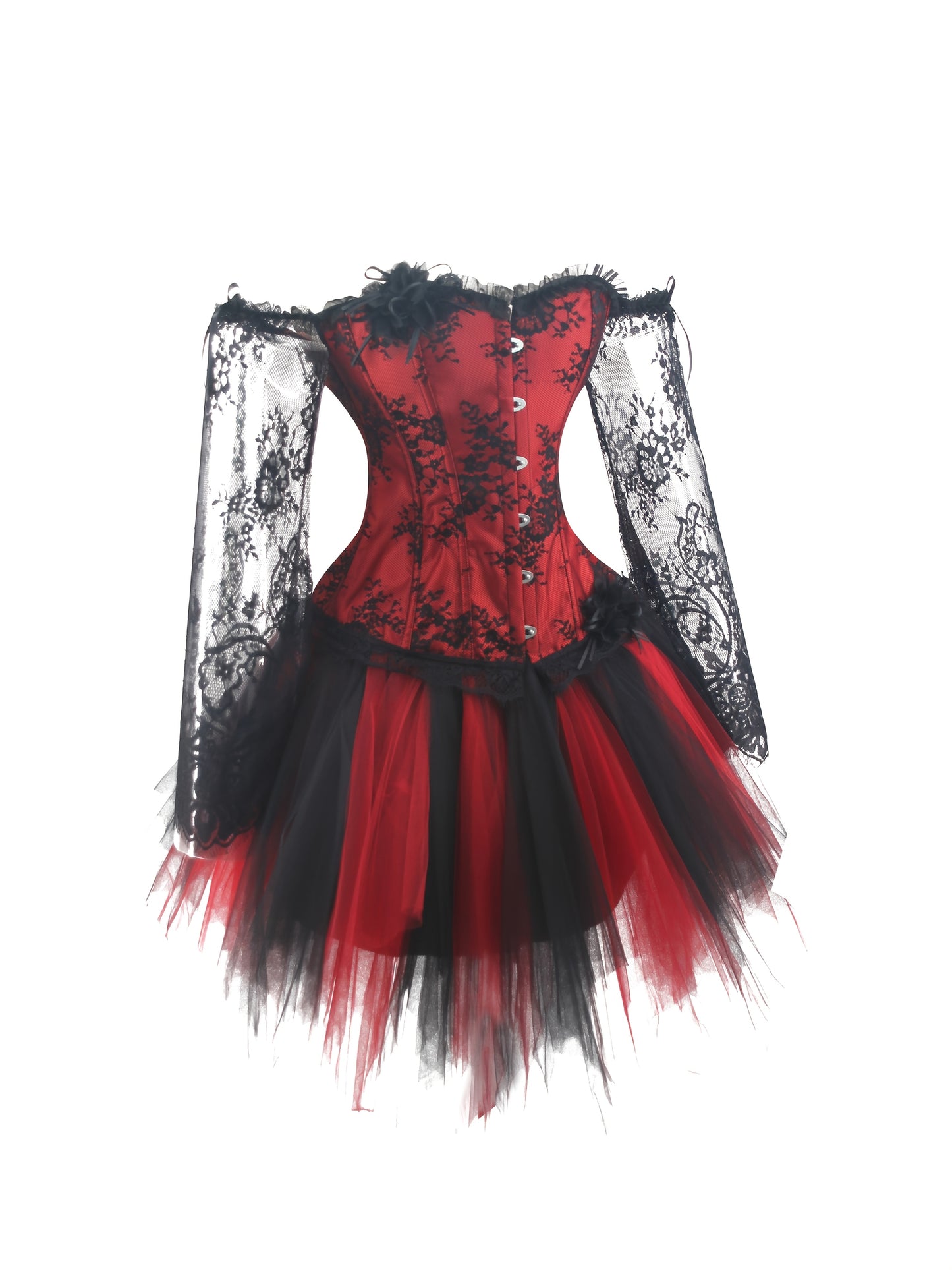 [Halloween Costume Set] Halloween Vampire Witch Costume Set, Dark Gothic Victorian Style Lace Long Sleeve Corset + Black Lolita Style TUTU Skirt, Day of the Dead Party Outfit
