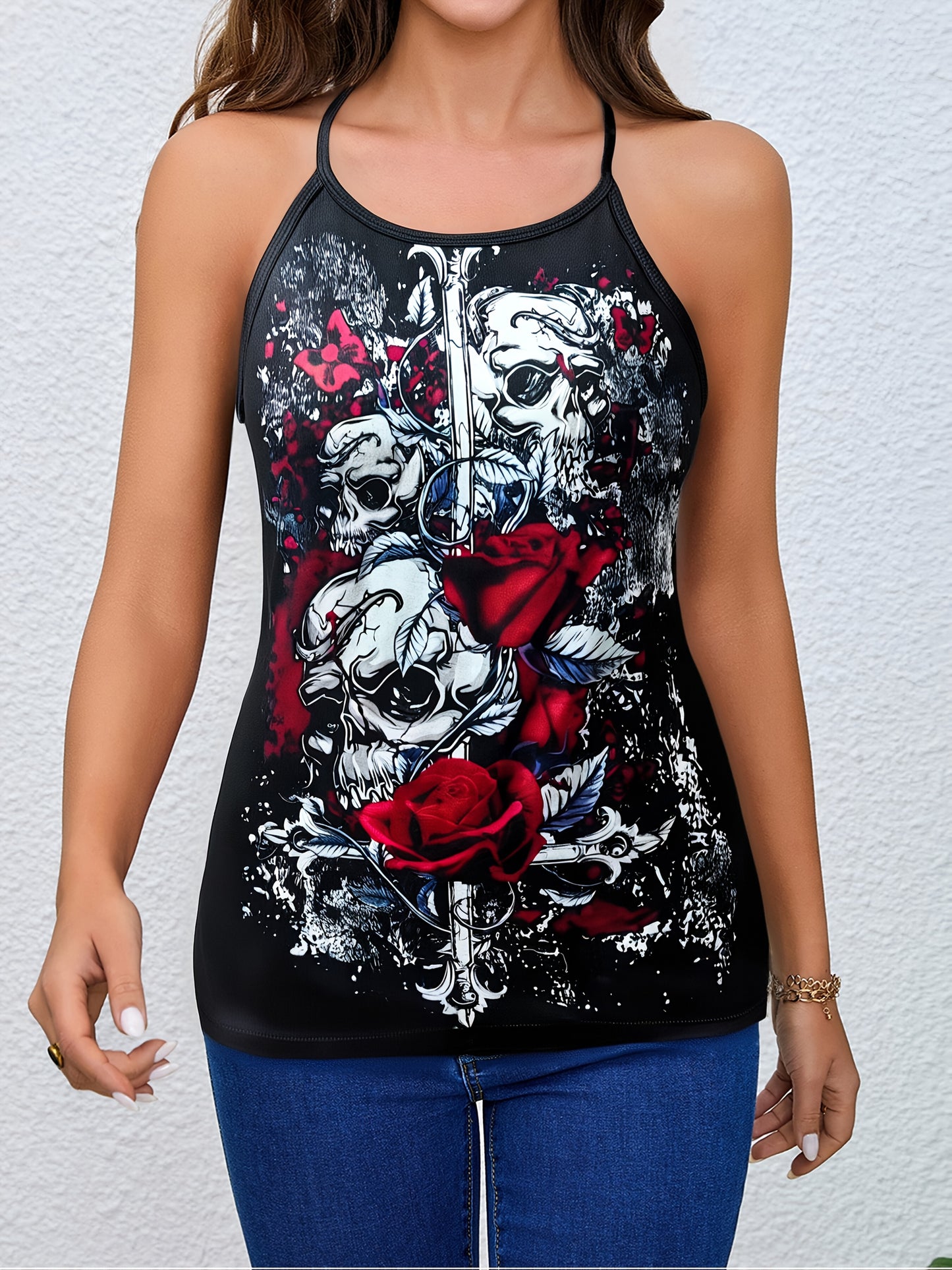 [Halloween] Women's Gothic Crossed Skull & Roses Backless T-Shirt - Edgy Halloween Party Top with Crisscross Strap, Non-See-Through Fabric for Costume Events, Everyday Gothic Outfits - Year-Round Dark Aesthetic Tee, Goth T Sh