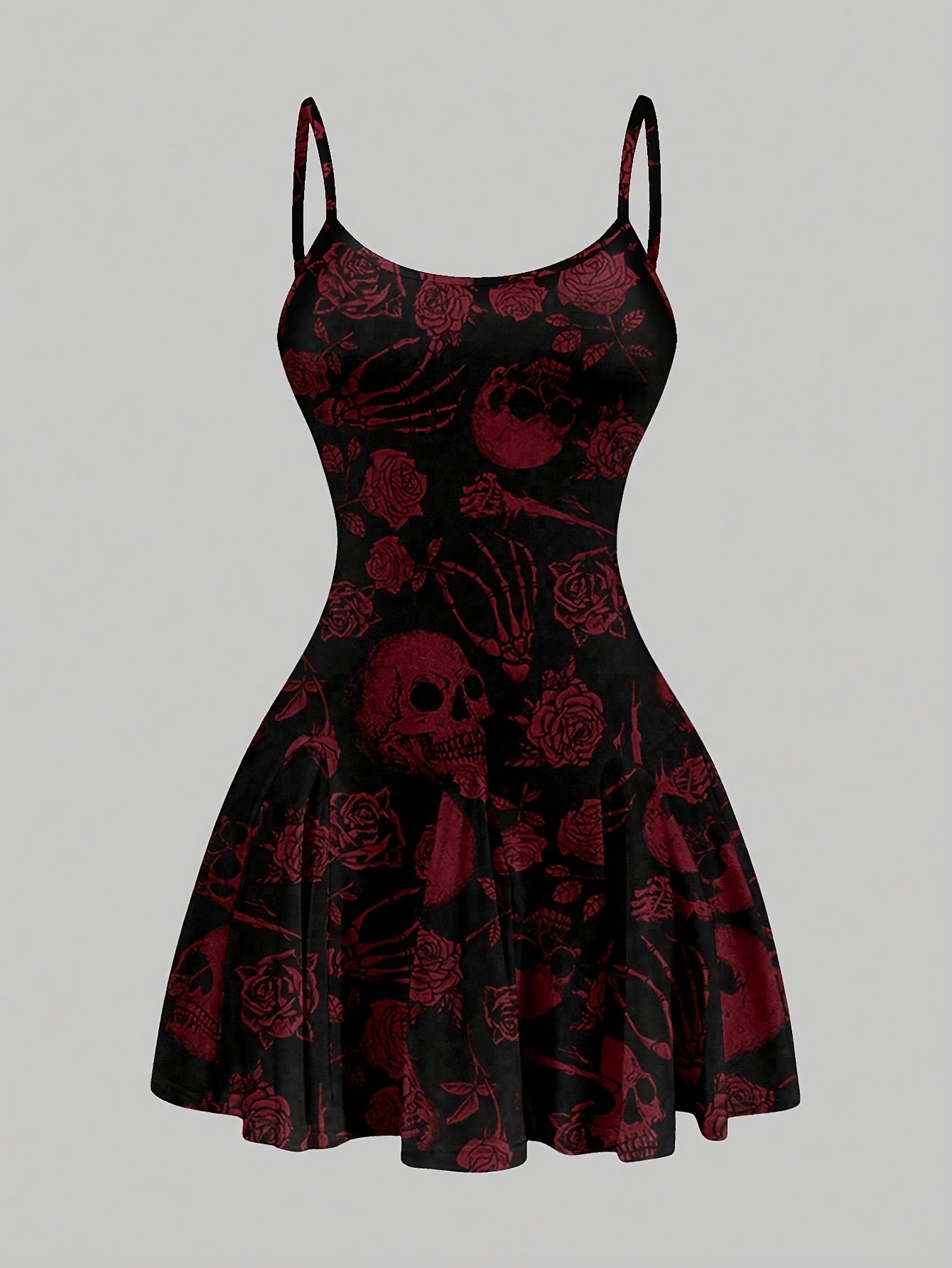 [Edgy Gothic Dress] Edgy Black Y2K Gothic Dress | Women's Stretchy Spaghetti Strap Fitted Top & Flowy Skirt, Deep Red Floral Skull Print, Machine Washable All-Season Party & Casual Outfit, Retro Dresses, Statement Piece, Comf