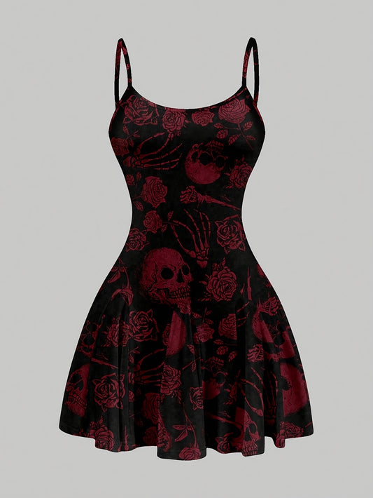 [Edgy Gothic Dress] Edgy Black Y2K Gothic Dress | Women's Stretchy Spaghetti Strap Fitted Top & Flowy Skirt, Deep Red Floral Skull Print, Machine Washable All-Season Party & Casual Outfit, Retro Dresses, Statement Piece, Comf