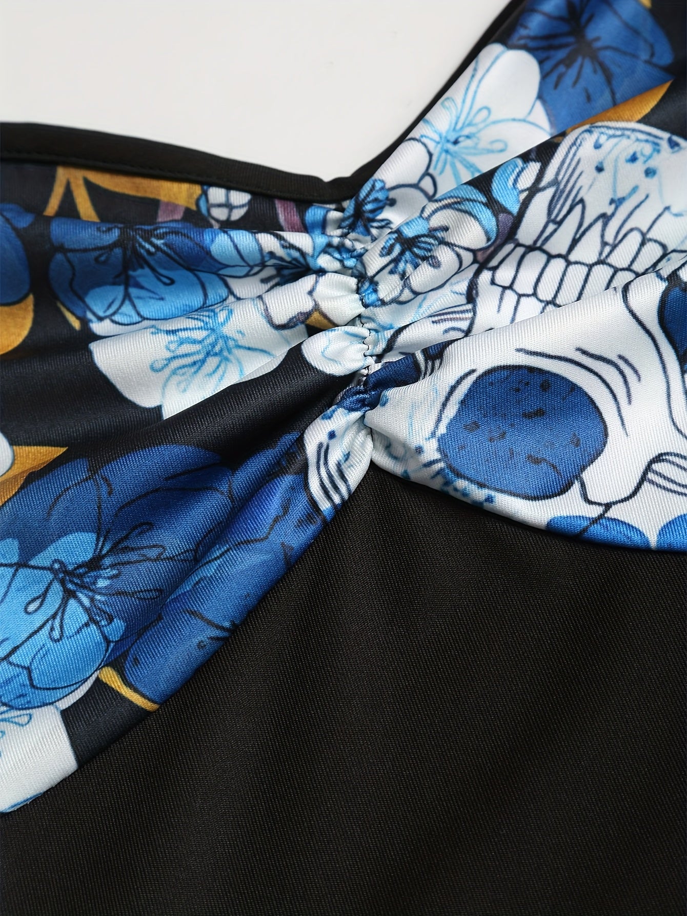 Women'S Floral Skull Print Pleated Bodice Sleeveless Summer Camisole Dress with Belt