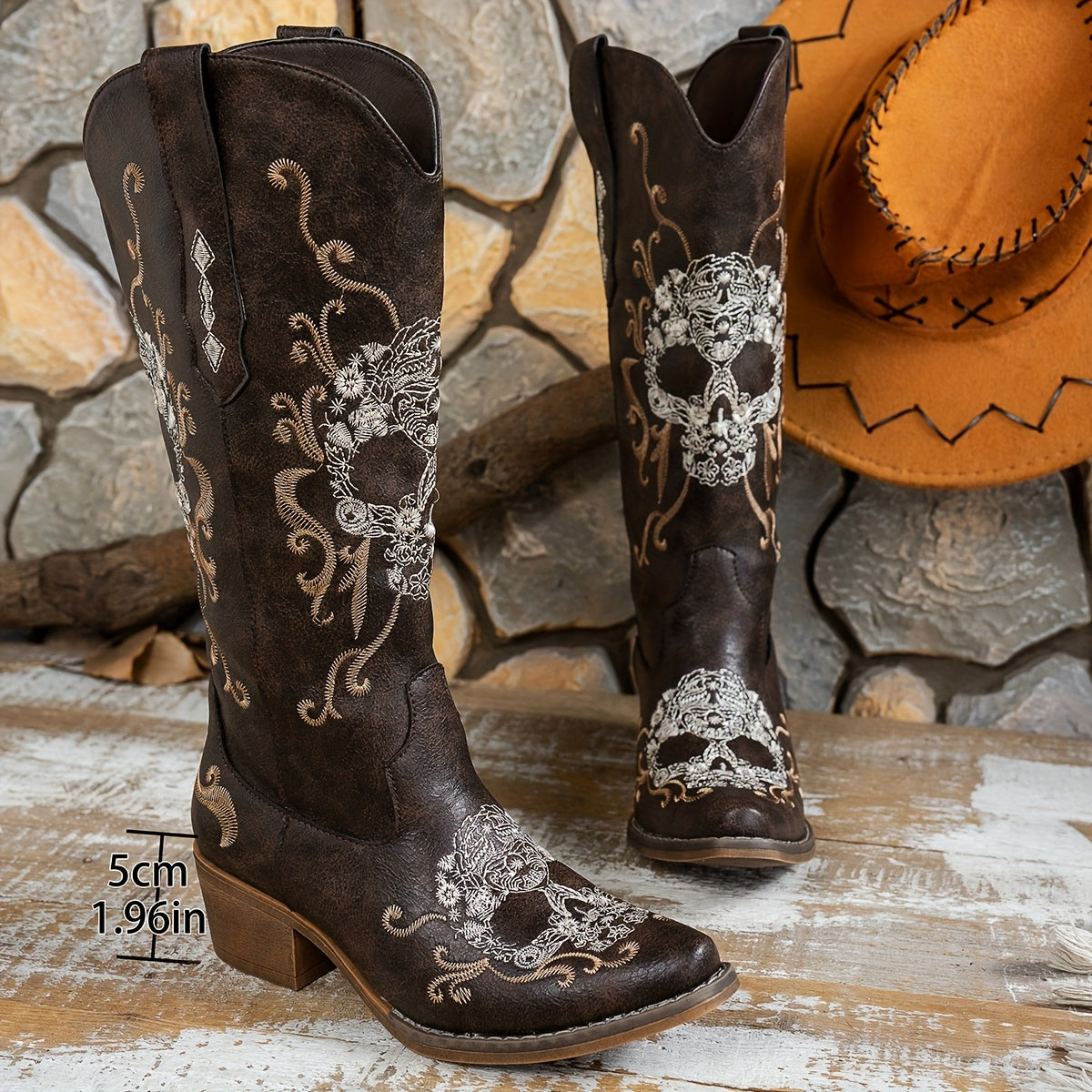 [Retro Cowboy Boots] Retro Embroidered Women's Western Cowboy Boots | Slip-On Square Toe Mid-Heel with Skull & Floral Geometric Design, Faux Cover Upper & TPR Sole for Casual All-Season Wear, Cowgirl Boots