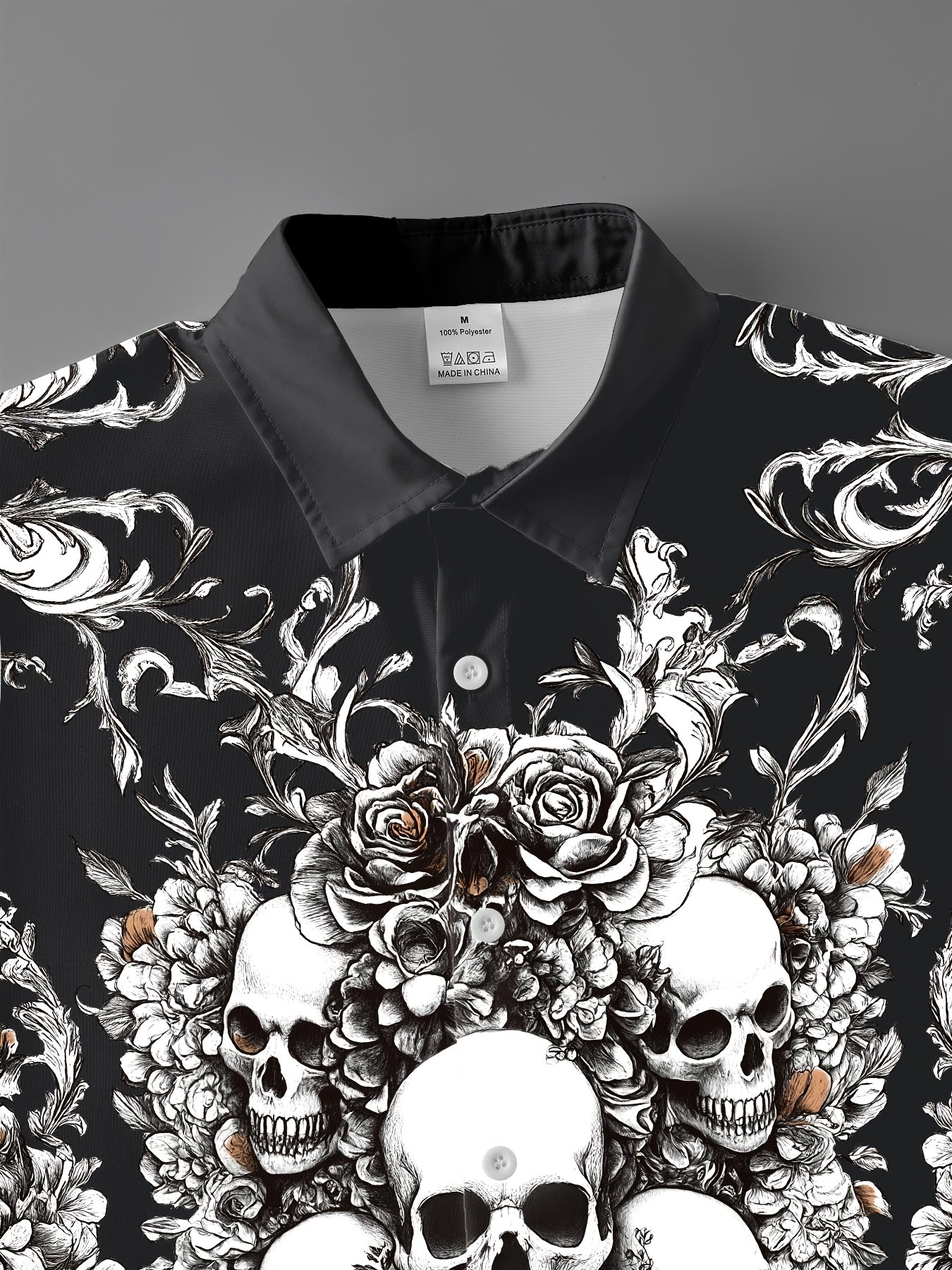 Men's Gothic Skull & Bat Wing Print Long Sleeve Shirt - Dark Blue & Black Gothic Style with White Collar & Button Front Closure, Machine Washable Durable Fabric for Halloween, Themed Parties & Casual Attire - Adult Men's Form